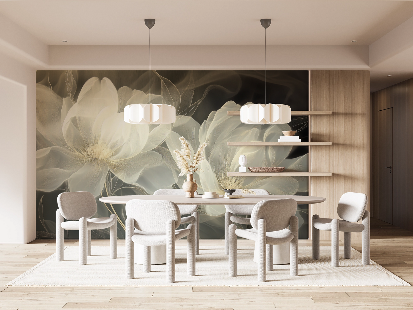 Golden Ferns – Digitale Tapete mit eleganten Blüten und Goldakzenten