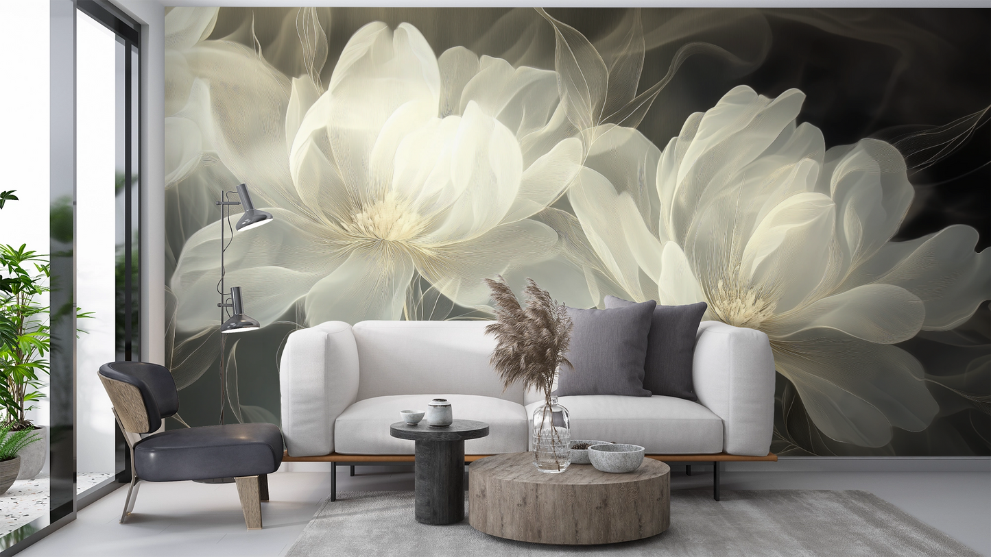 Golden Ferns – Digitale Tapete mit eleganten Blüten und Goldakzenten
