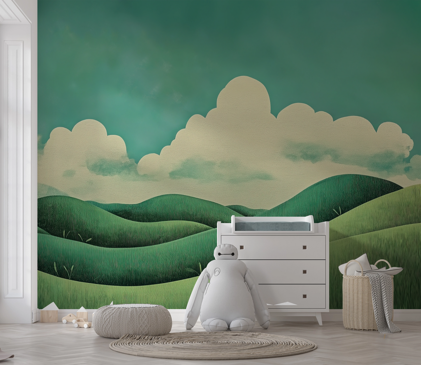 Wolkenwiesen – Digitale Wandtapete mit stilisierter Landschaft