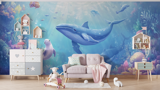 Ocean Friends – Self-adhesive digital wallpaper with a cheerful sea world for the children's room