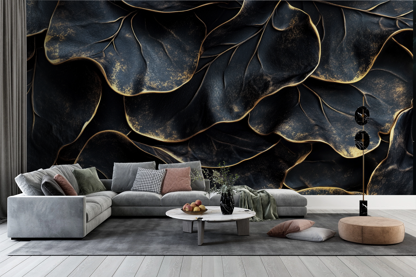 Golden Leaf Noir – Selbstklebende Fototapete mit luxuriösem Blattmotiv in Schwarz und Gold