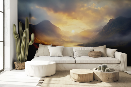 Golden Fjord – Self-adhesive wallpaper with a tranquil mountain panorama
