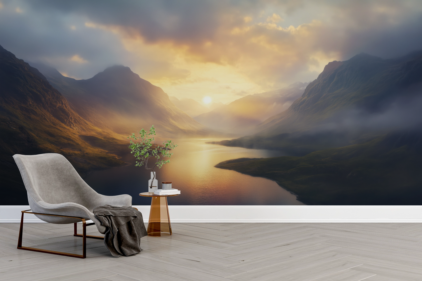 Golden Fjord – Selbstklebende Tapete mit ruhigem Bergpanorama