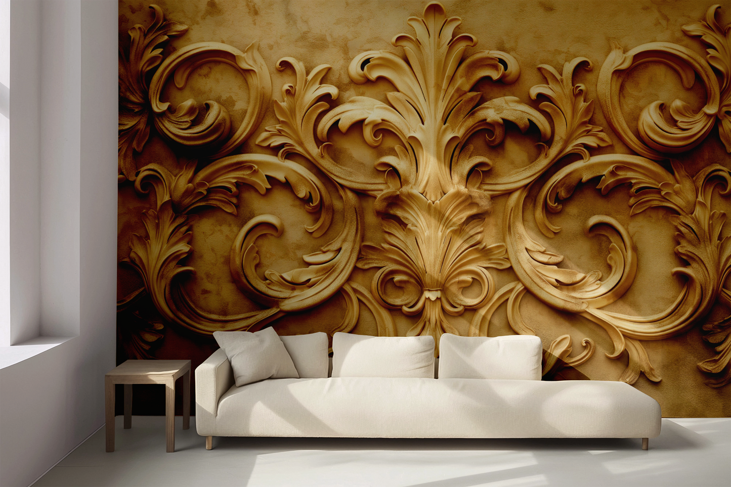 Luxustapete Barocco Oro – goldene Ornamente im Versailles-Stil – selbstklebend, für klassische Interieurs