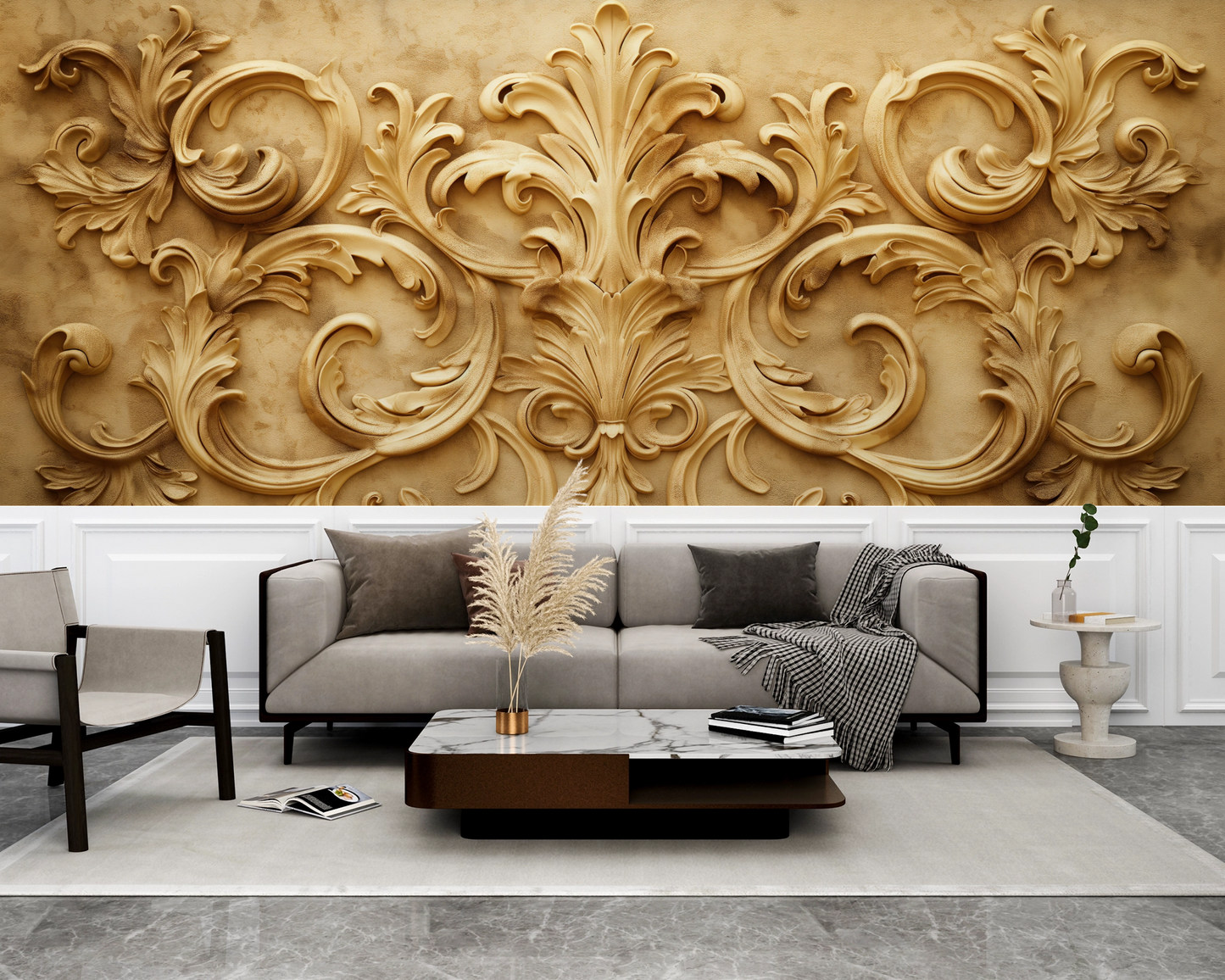Luxustapete Barocco Oro – goldene Ornamente im Versailles-Stil – selbstklebend, für klassische Interieurs