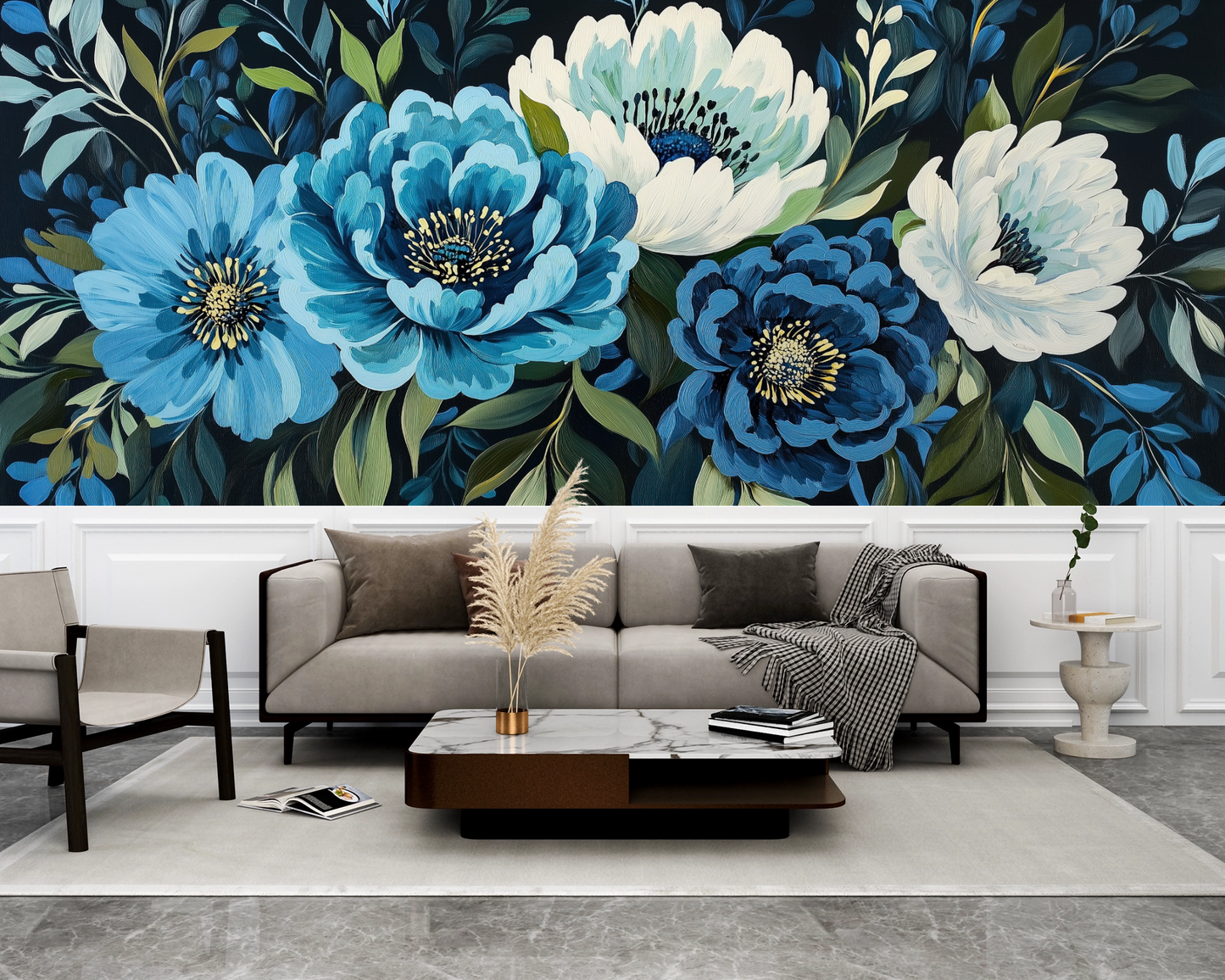 Dunkle Blumentapete Nuit Florale – florales Stillleben in Nachtblau und Elfenbein – selbstklebend, ideal für Schlafzimmer