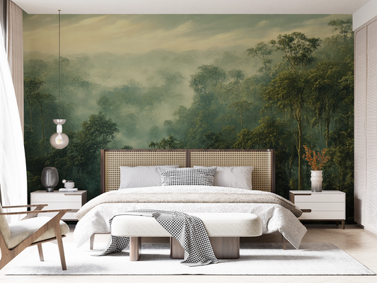 Selva Aurea bringt tropische Ruhe & Goldlicht an Ihre Wand – eine selbstklebende Panorama-Tapete für Räume mit emotionaler Tiefe & Naturverbundenheit.