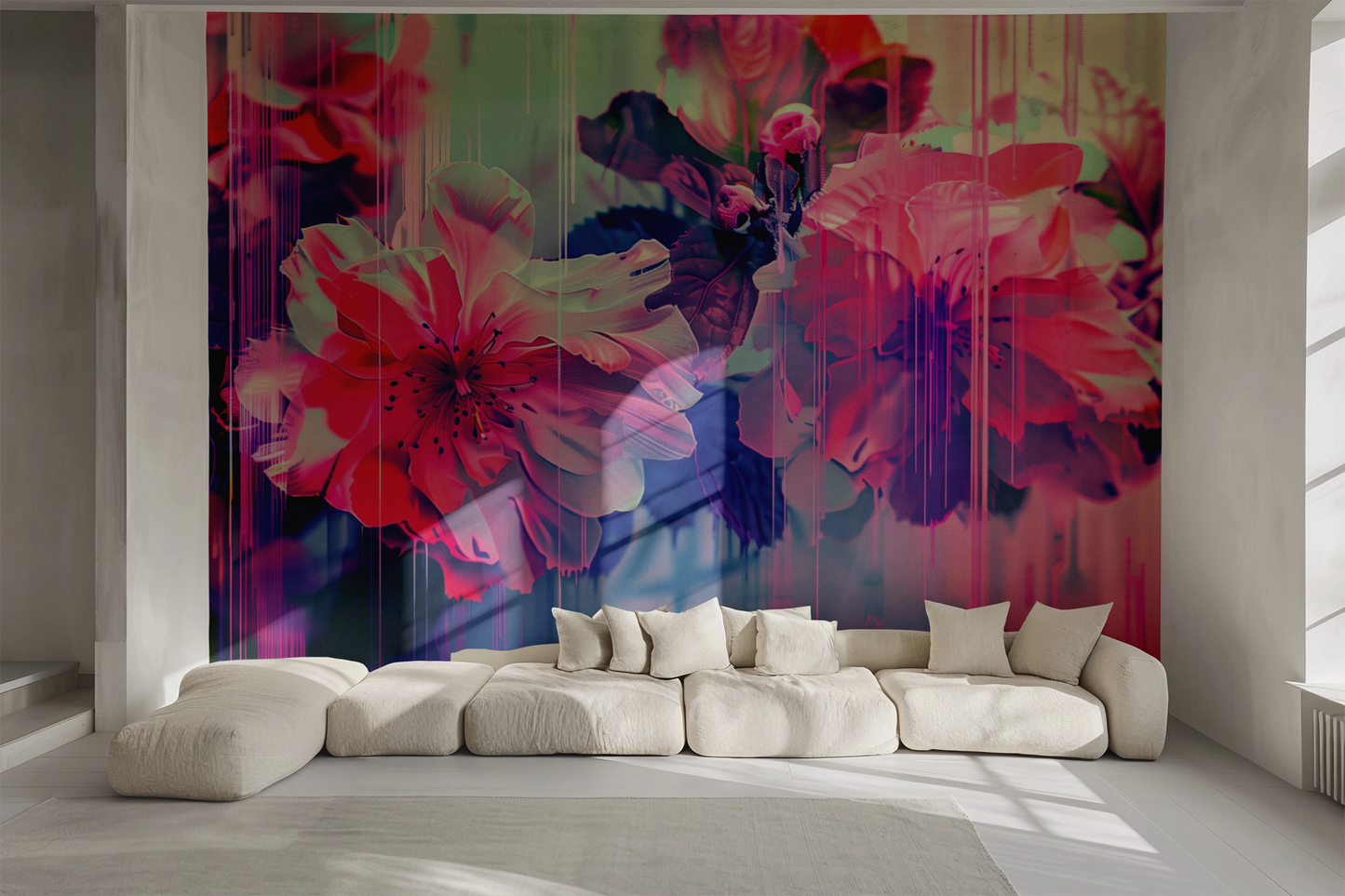 Entdecken Sie Bloomshift – die selbstklebende Tapete mit floralen Glitch-Effekten in Pink & Violett. Ideal für kreative Räume, moderne Wohnideen & stilvolle Interieurs.