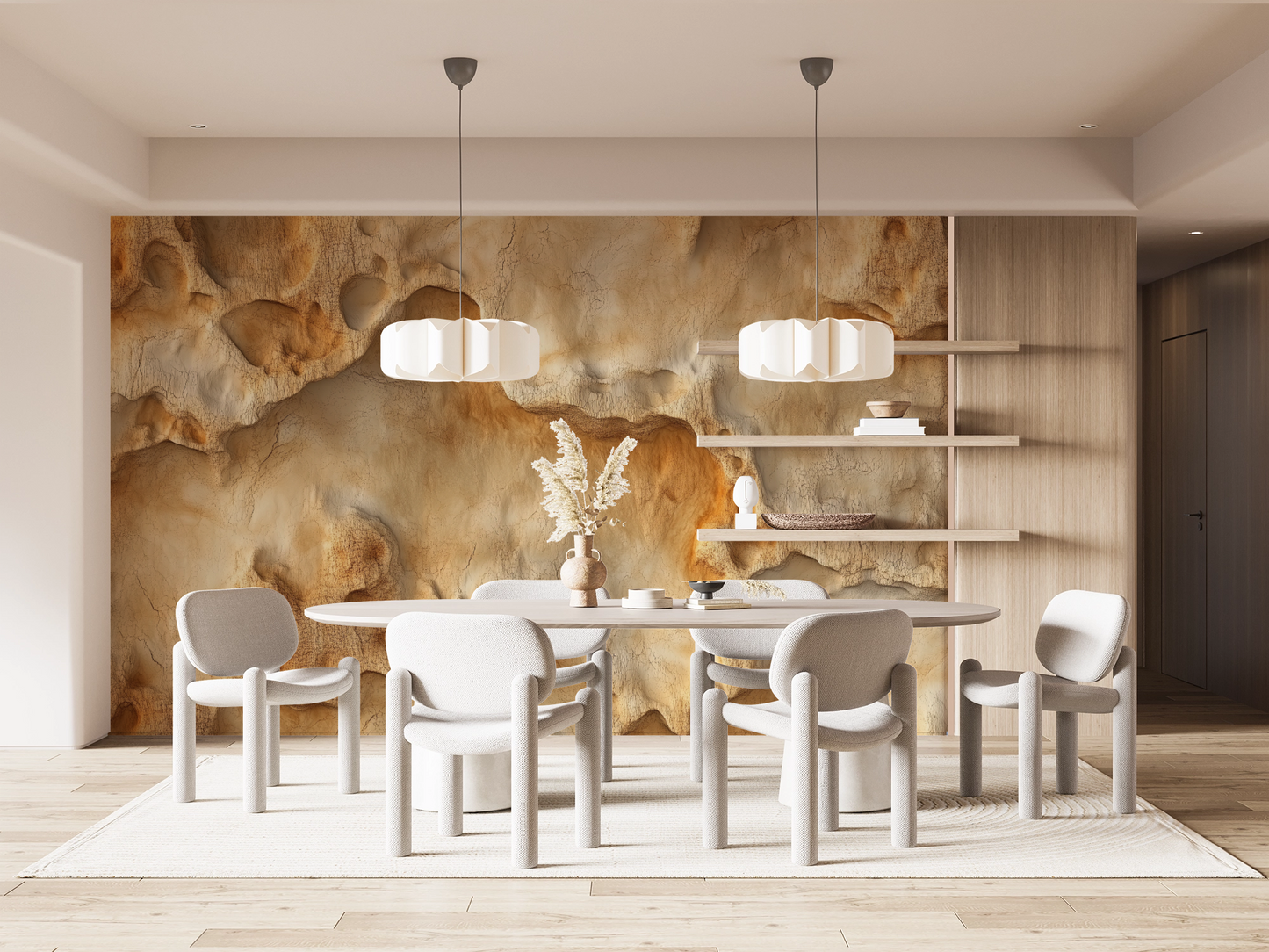 Fossile Forme – selbstklebende Steintapete in Beige & Ocker