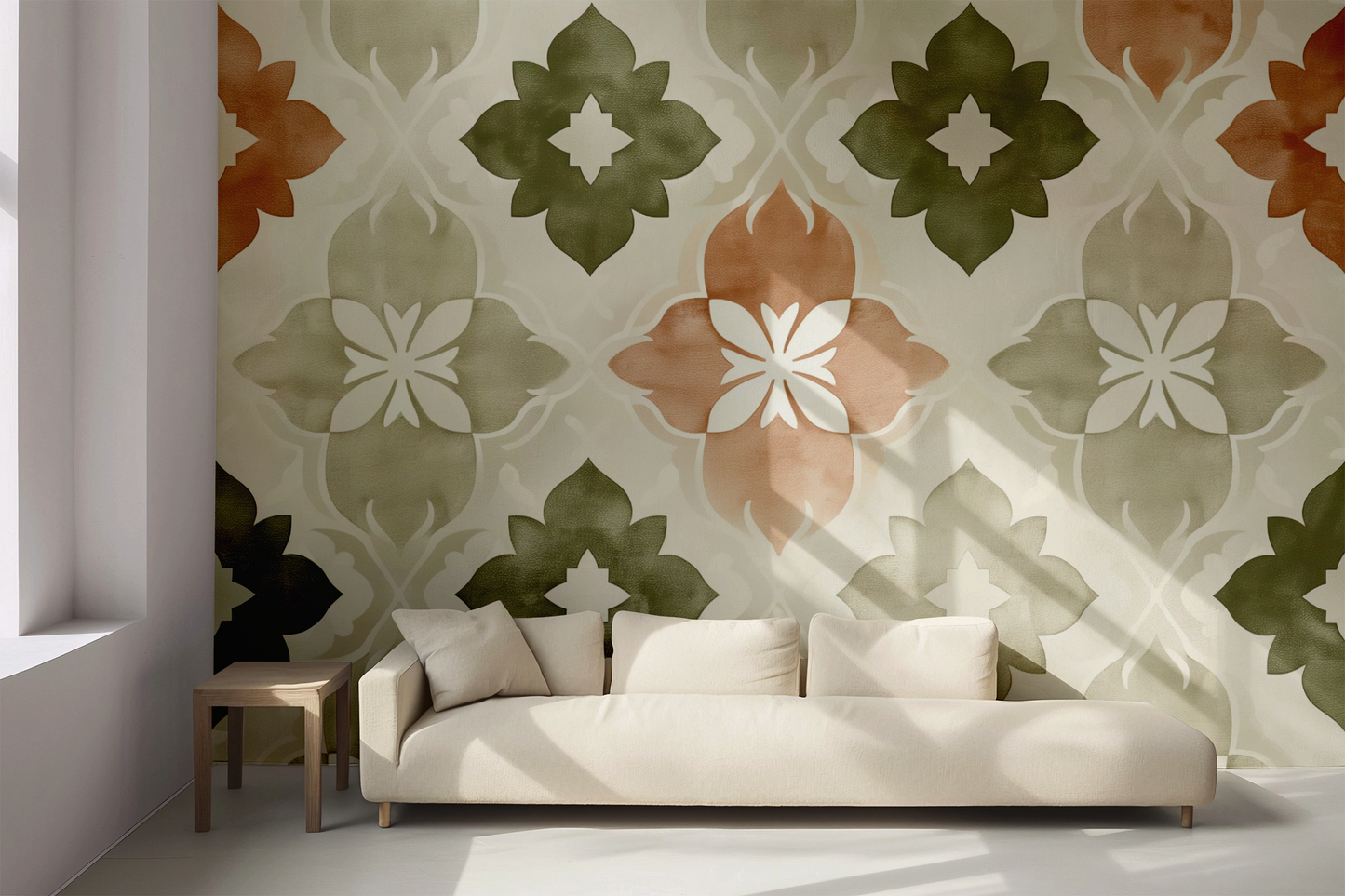Terra Flora ist eine selbstklebende Tapete mit floralem Ornament in Terrakotta, Salbei & Sand – mediterran, modern & perfekt für stilvolle Räume mit Struktur.