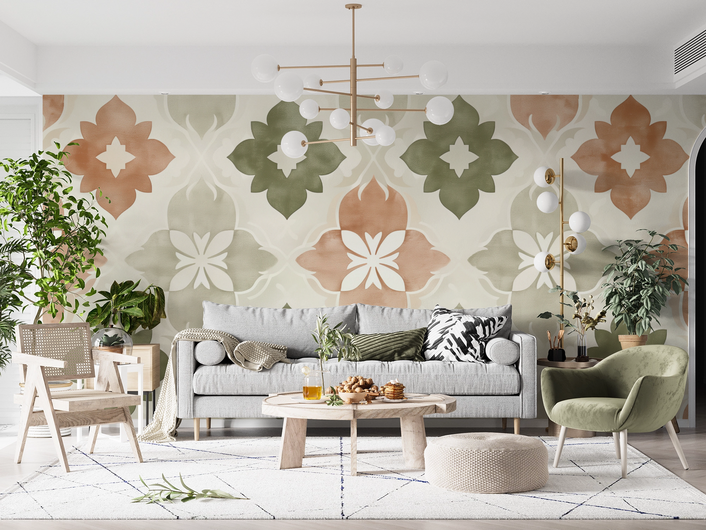 Terra Flora ist eine selbstklebende Tapete mit floralem Ornament in Terrakotta, Salbei & Sand – mediterran, modern & perfekt für stilvolle Räume mit Struktur.