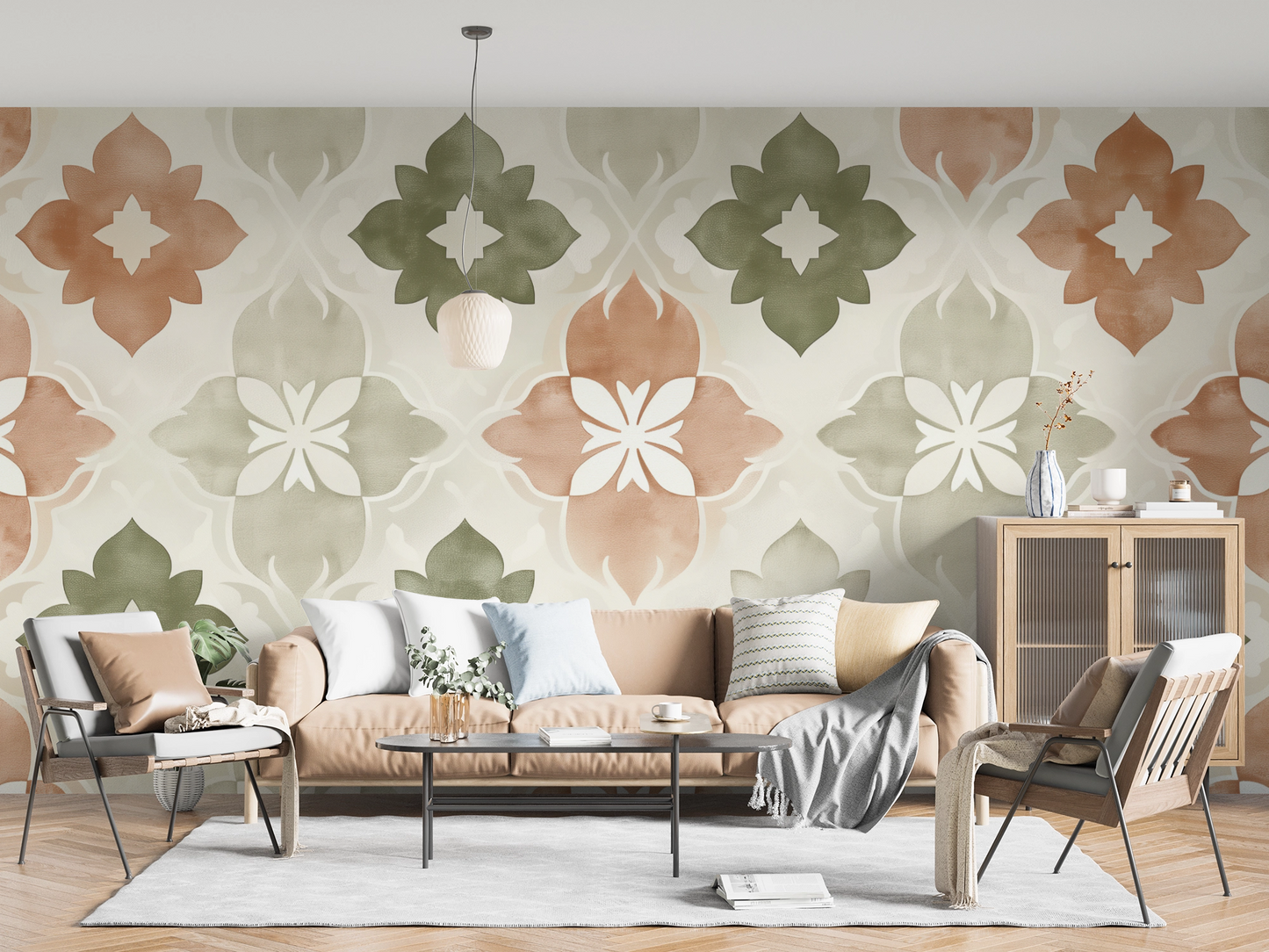 Terra Flora ist eine selbstklebende Tapete mit floralem Ornament in Terrakotta, Salbei & Sand – mediterran, modern & perfekt für stilvolle Räume mit Struktur.