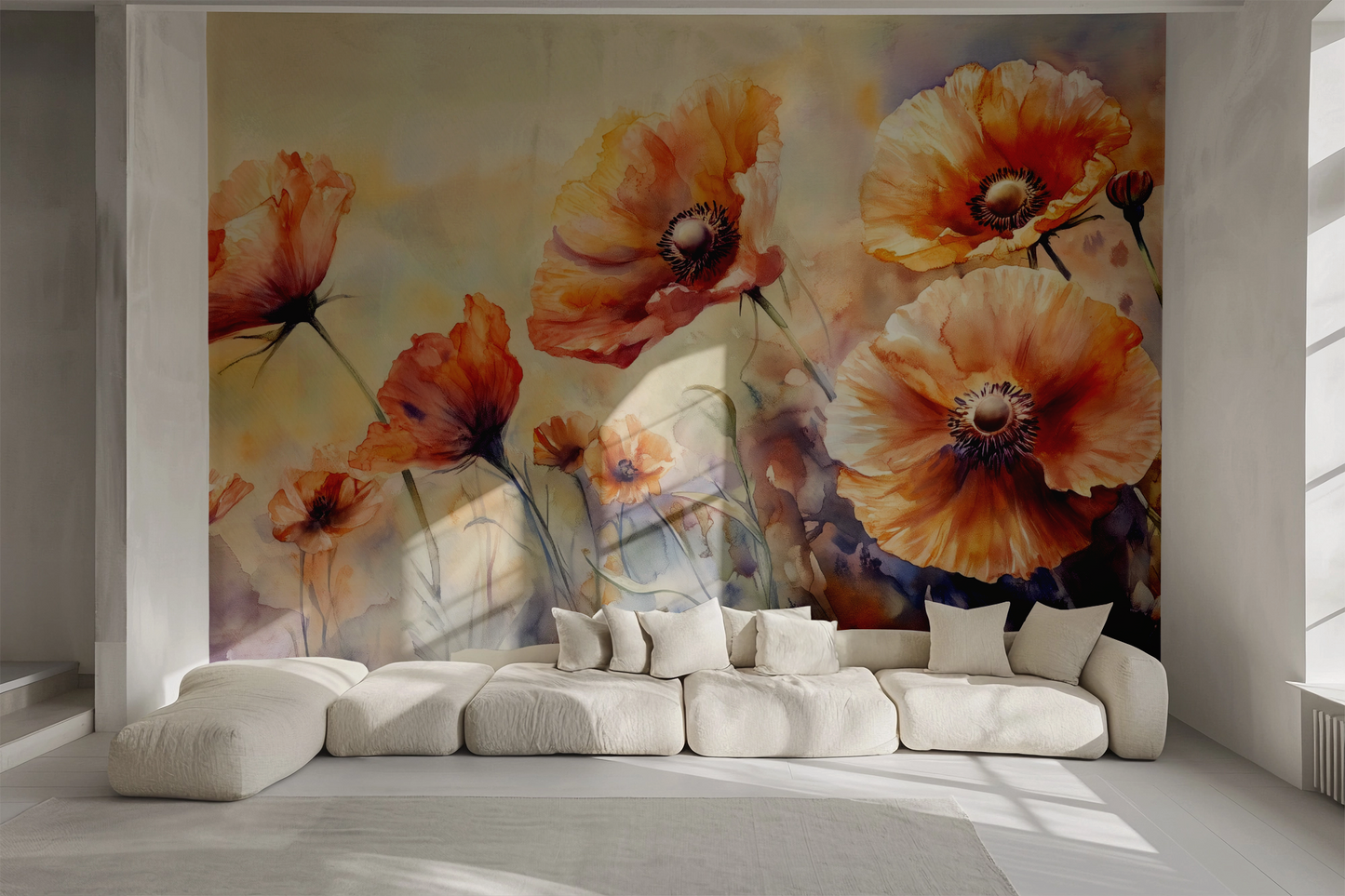 Sommerliche Blumentapete Midsommerflor – Aquarell-Mohnblumen in Rosé und Lavendel – selbstklebende Wandgestaltung