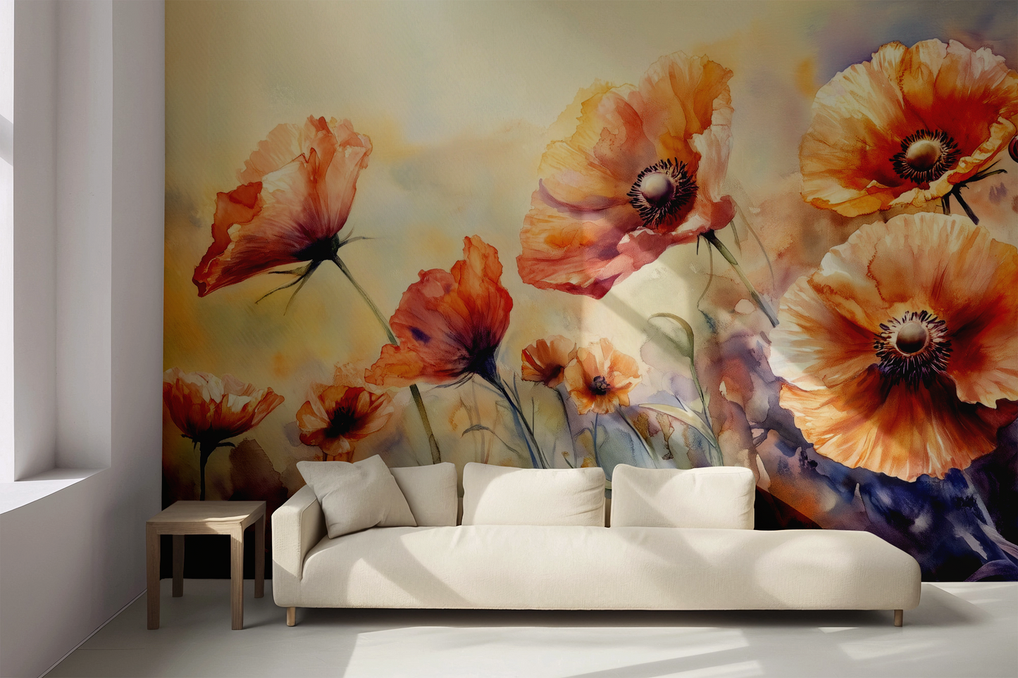 Sommerliche Blumentapete Midsommerflor – Aquarell-Mohnblumen in Rosé und Lavendel – selbstklebende Wandgestaltung