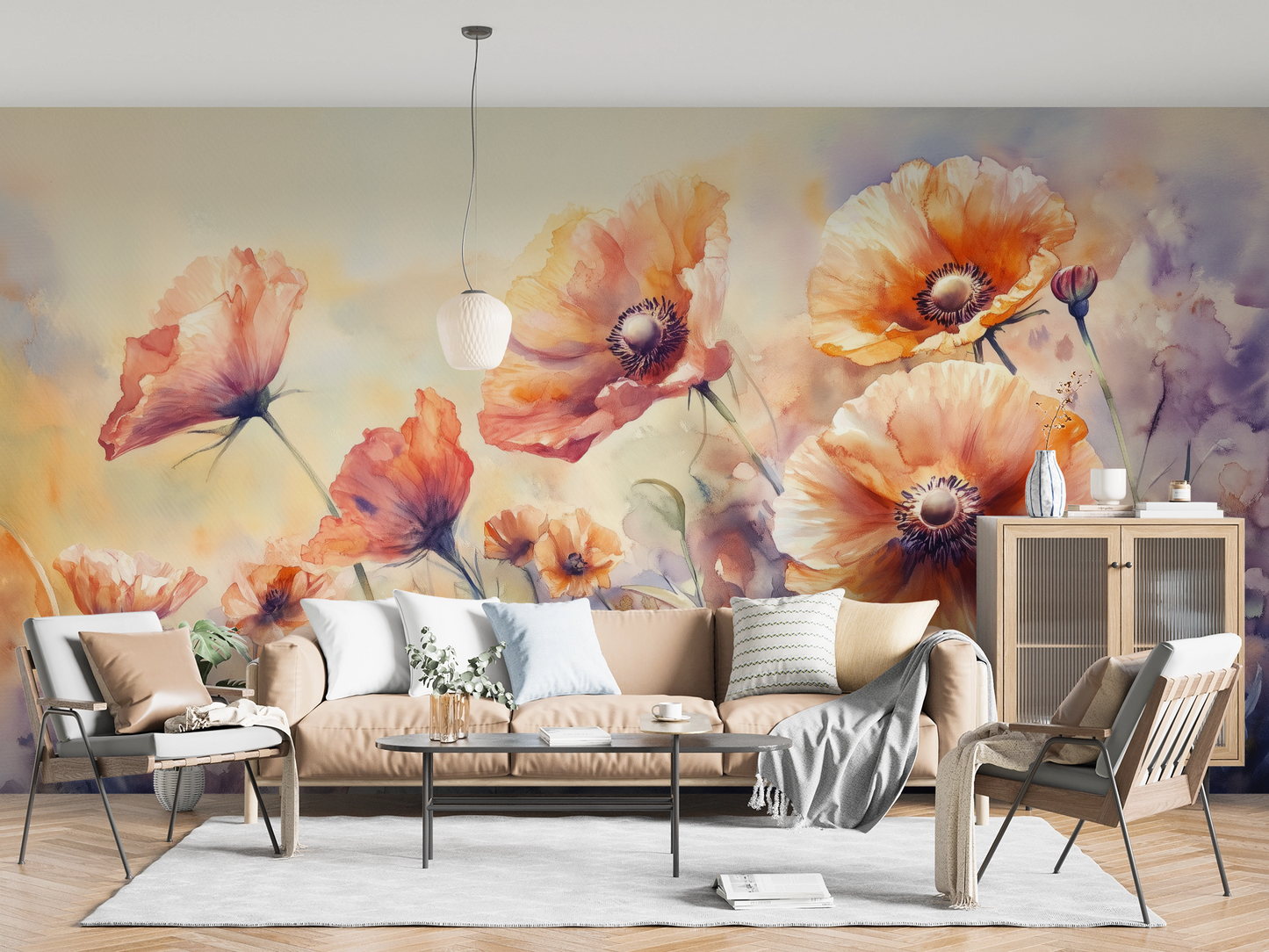 Sommerliche Blumentapete Midsommerflor – Aquarell-Mohnblumen in Rosé und Lavendel – selbstklebende Wandgestaltung