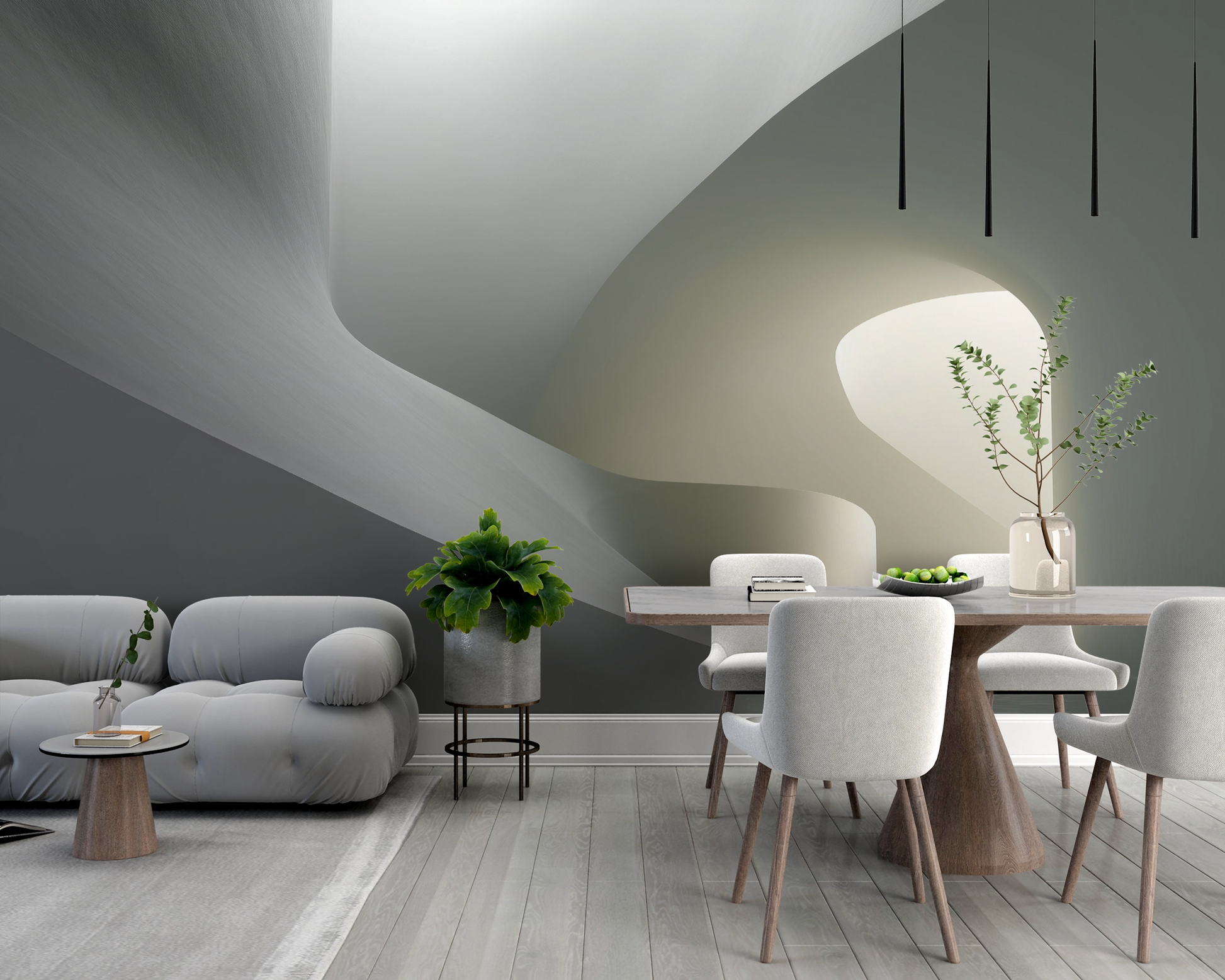 Moderne Design-Tapete Raum aus Licht – minimalistisch, abstrakt, in Grautönen – selbstklebende Digitaltapete
