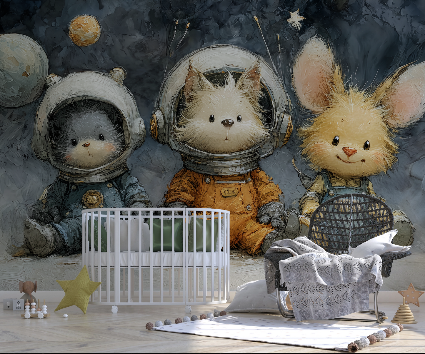Illustration einer Kindertapete mit Hund, Kätzchen und Hase in Raumanzügen vor einem Sternenhimmel