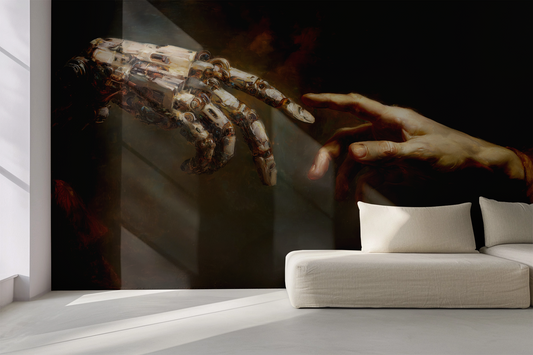 Künstlerische Digitaltapete zeigt menschliche Hand und Roboterhand in ikonischer Berührung – Symbol für Technik und Menschlichkeit.