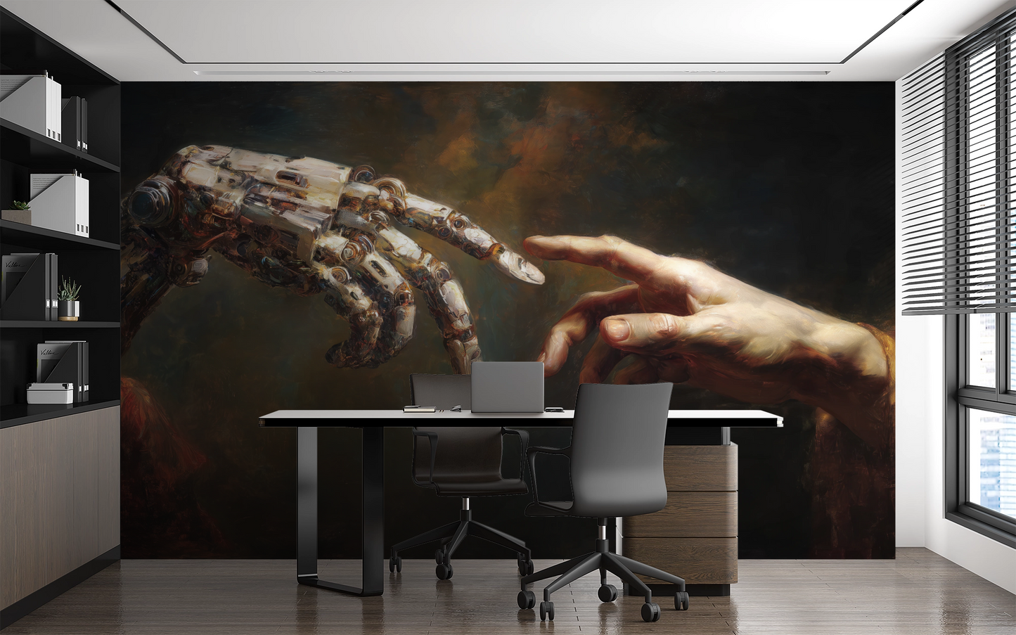 Künstlerische Digitaltapete zeigt menschliche Hand und Roboterhand in ikonischer Berührung – Symbol für Technik und Menschlichkeit.
