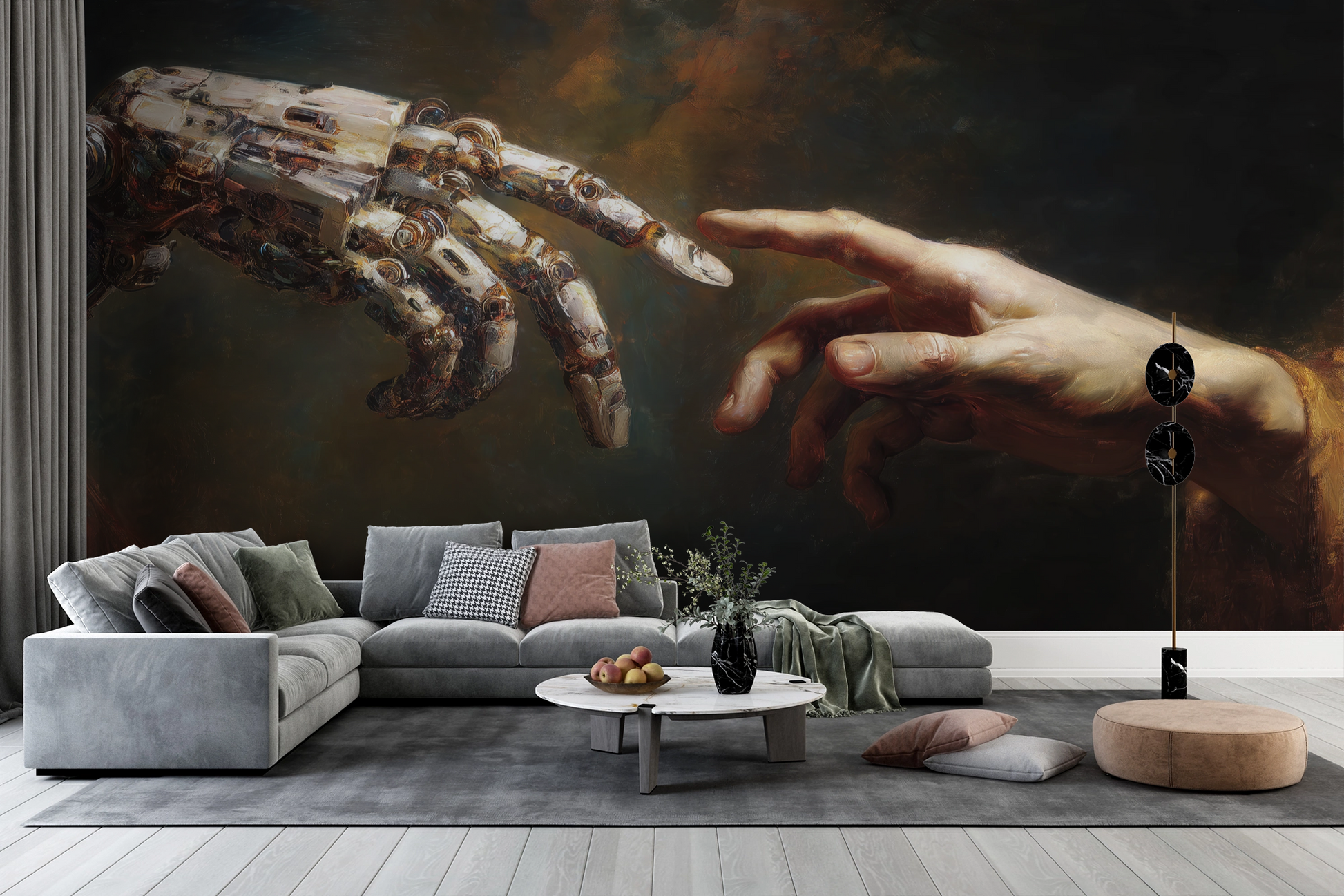Künstlerische Digitaltapete zeigt menschliche Hand und Roboterhand in ikonischer Berührung – Symbol für Technik und Menschlichkeit.