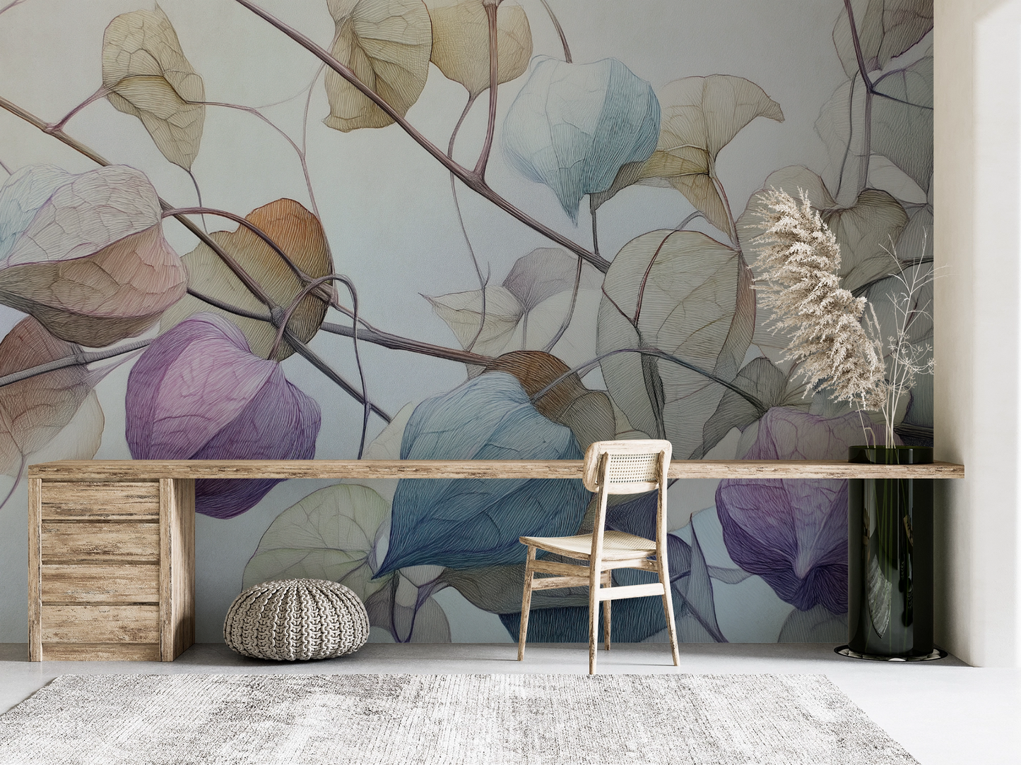 Filigrane Blätter in Pastelltönen auf hellblauem Hintergrund – botanische Illustration als Wandtapete