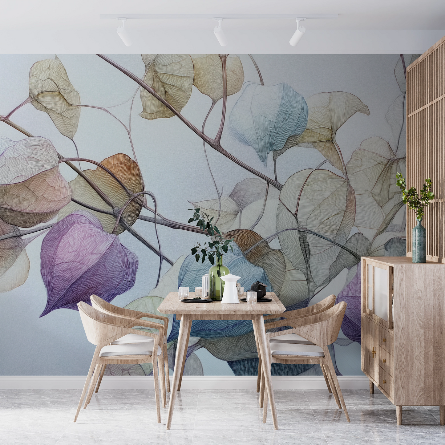 Filigrane Blätter in Pastelltönen auf hellblauem Hintergrund – botanische Illustration als Wandtapete