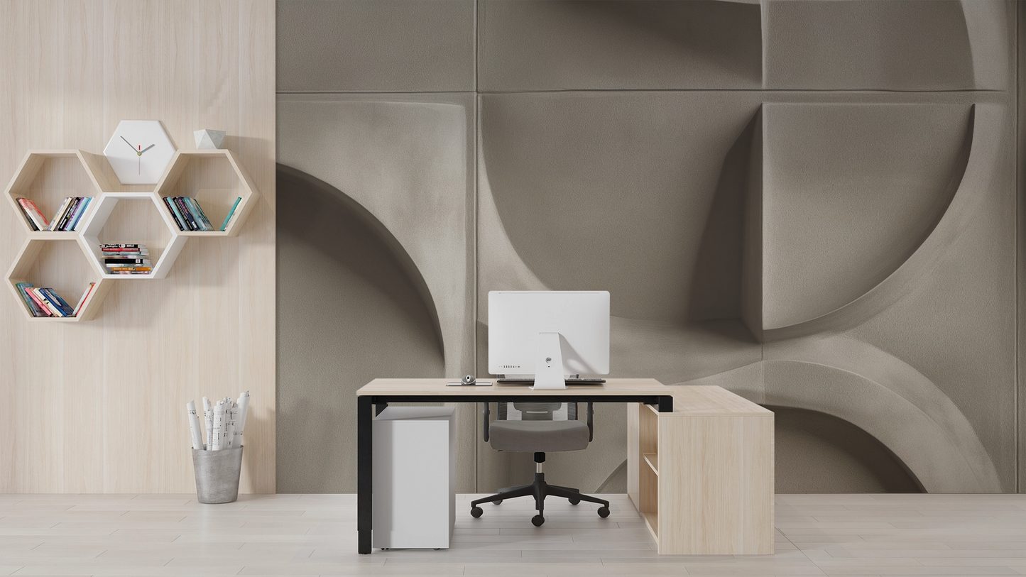 Digitaltapete mit 3D-Relief in geometrischem Muster und sandfarbener Oberfläche – moderne, skulpturale Wandgestaltung.