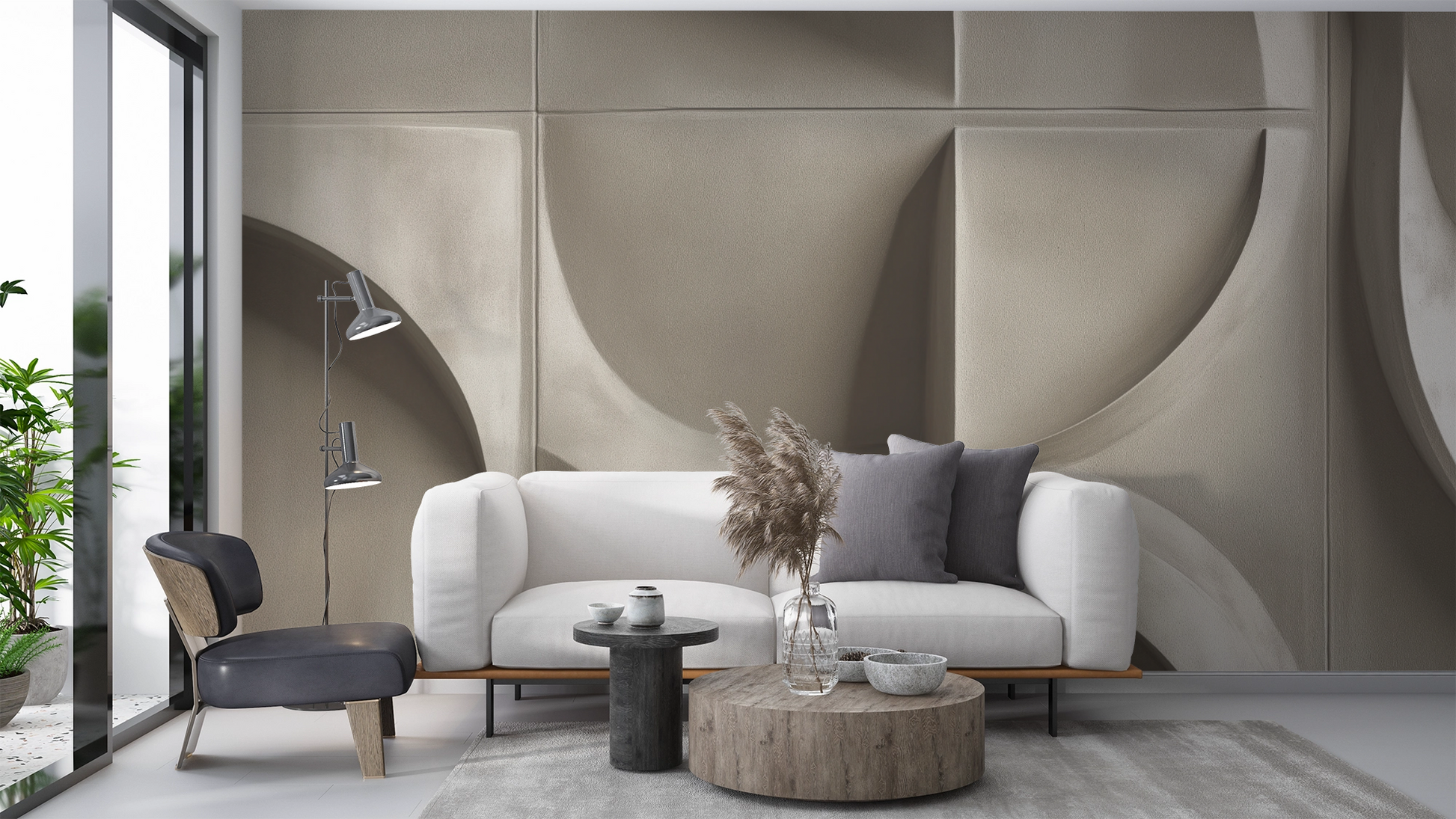 Digitaltapete mit 3D-Relief in geometrischem Muster und sandfarbener Oberfläche – moderne, skulpturale Wandgestaltung.