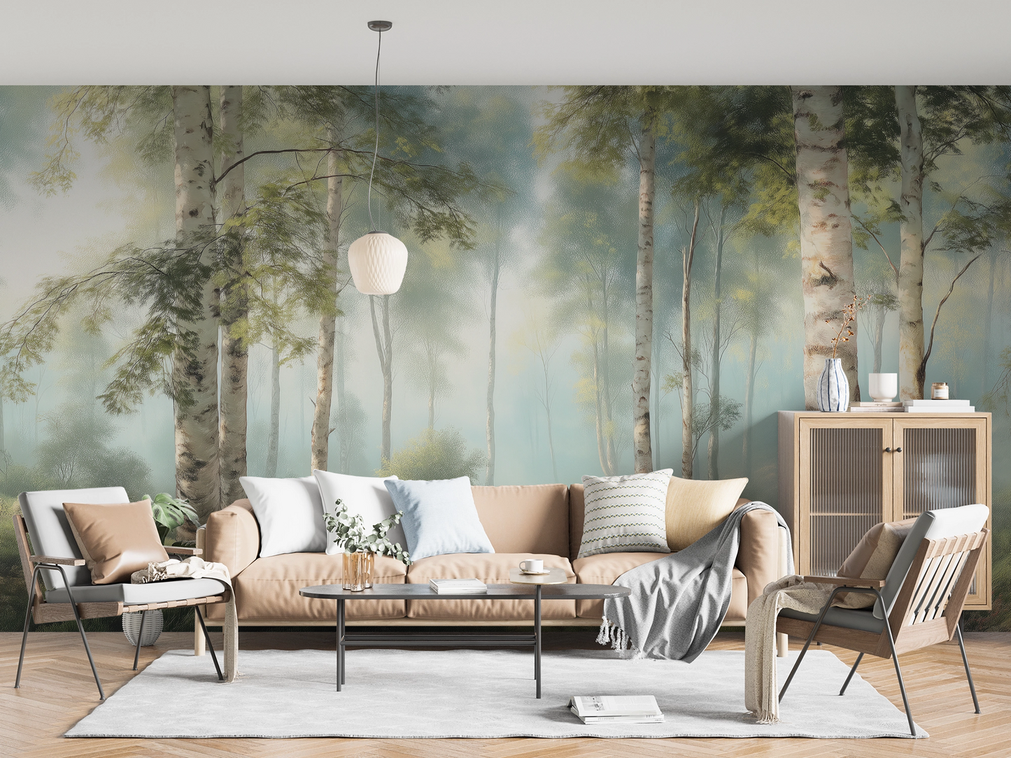Digitaltapete mit Birkenwald im Morgendunst – neblige Waldszene mit Licht und Tiefe