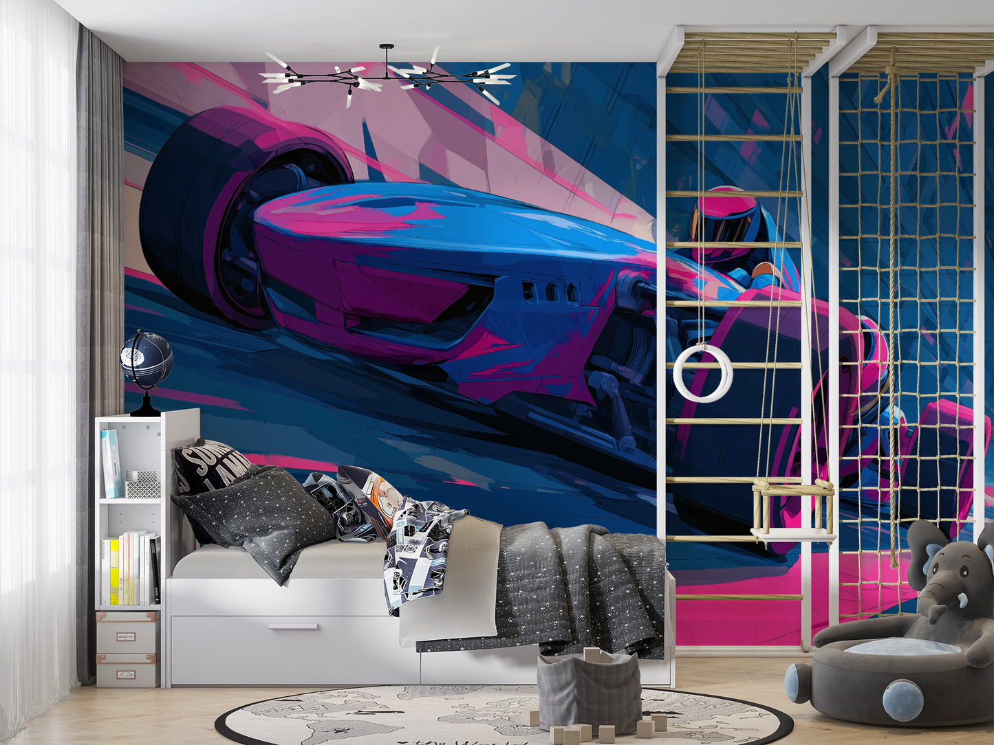 Futuristischer Rennwagen im Neonstil – digital illustrierte Wandtapete mit pink-blauen Farbakzenten, dynamischer Perspektive und urbanem Gaming-Look
