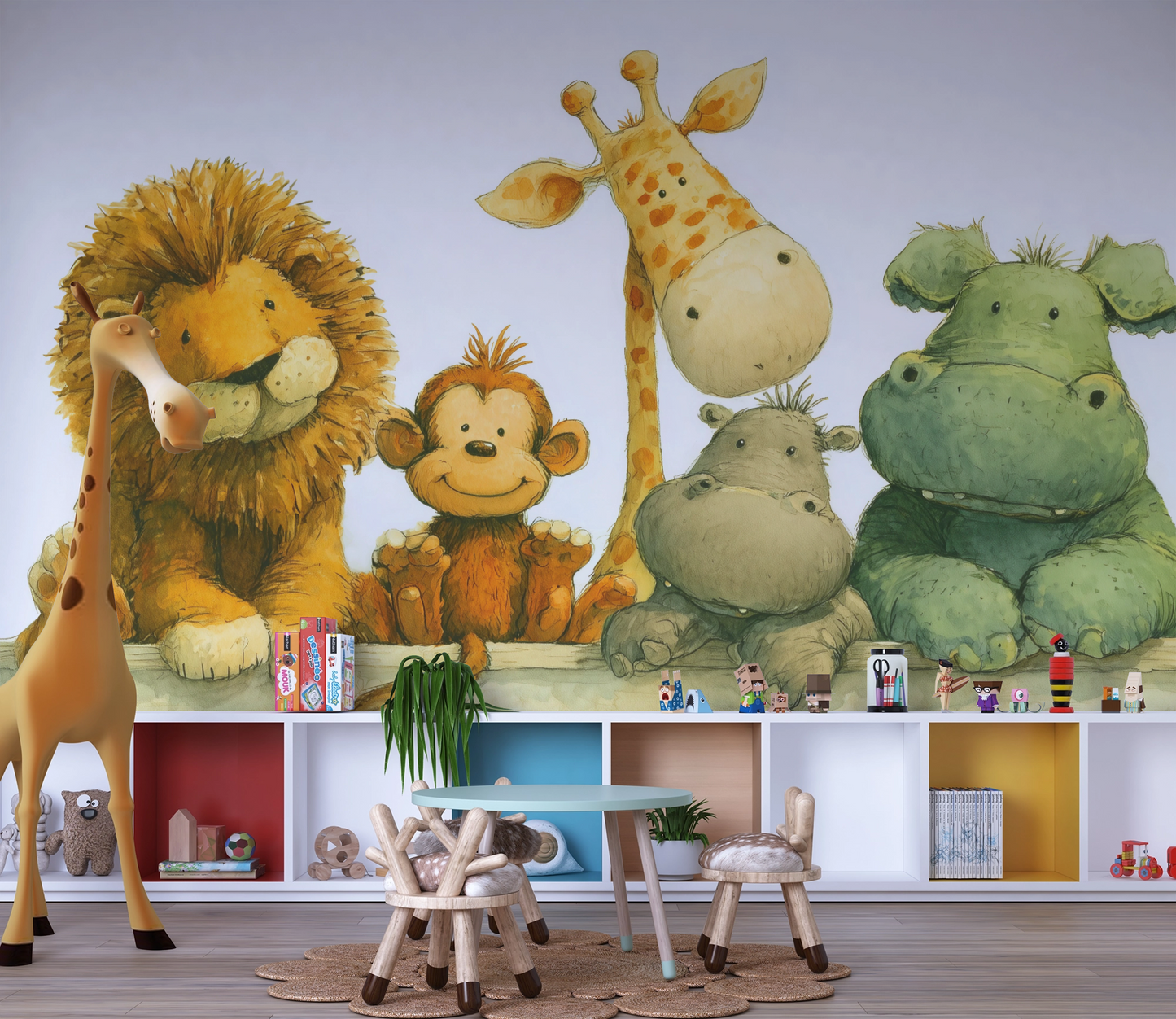 Tierbande aus Löwe, Affe, Giraffe, Nilpferd und Flusspferd in Aquarell-Stil – Kinderzimmerfreundlich und bunt illustriert