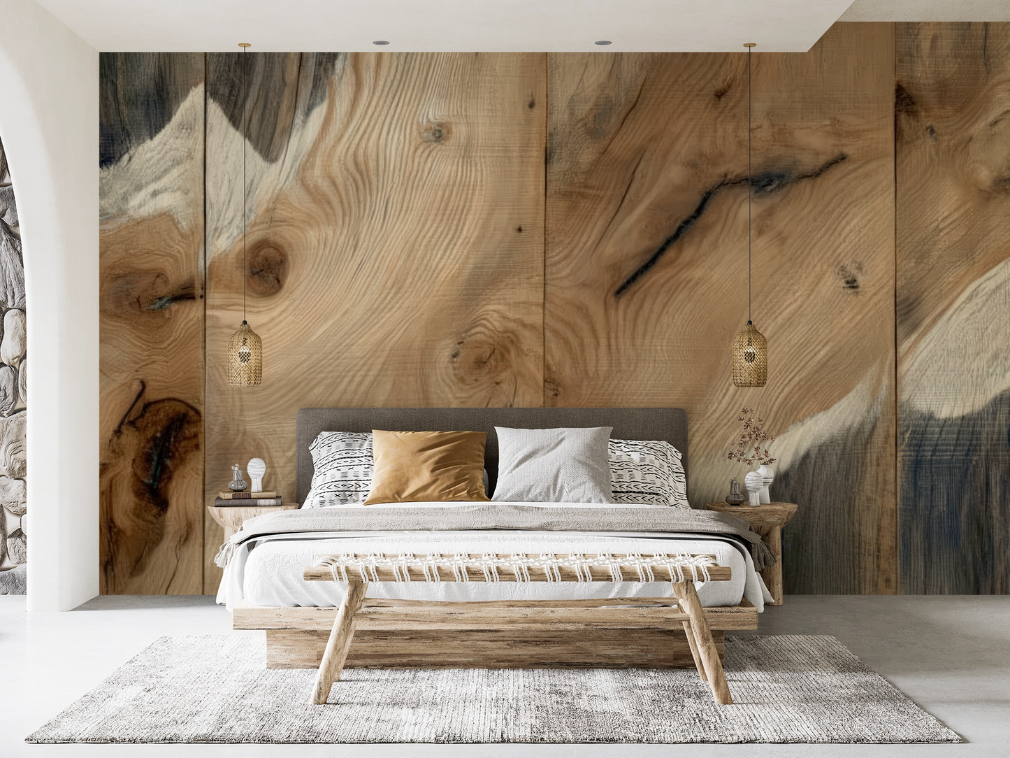 Detailansicht der Tapete „Scandi Wood“ mit realistischer Holzmaserung in natürlichen Beige- und Grautönen – skandinavischer Wohnstil