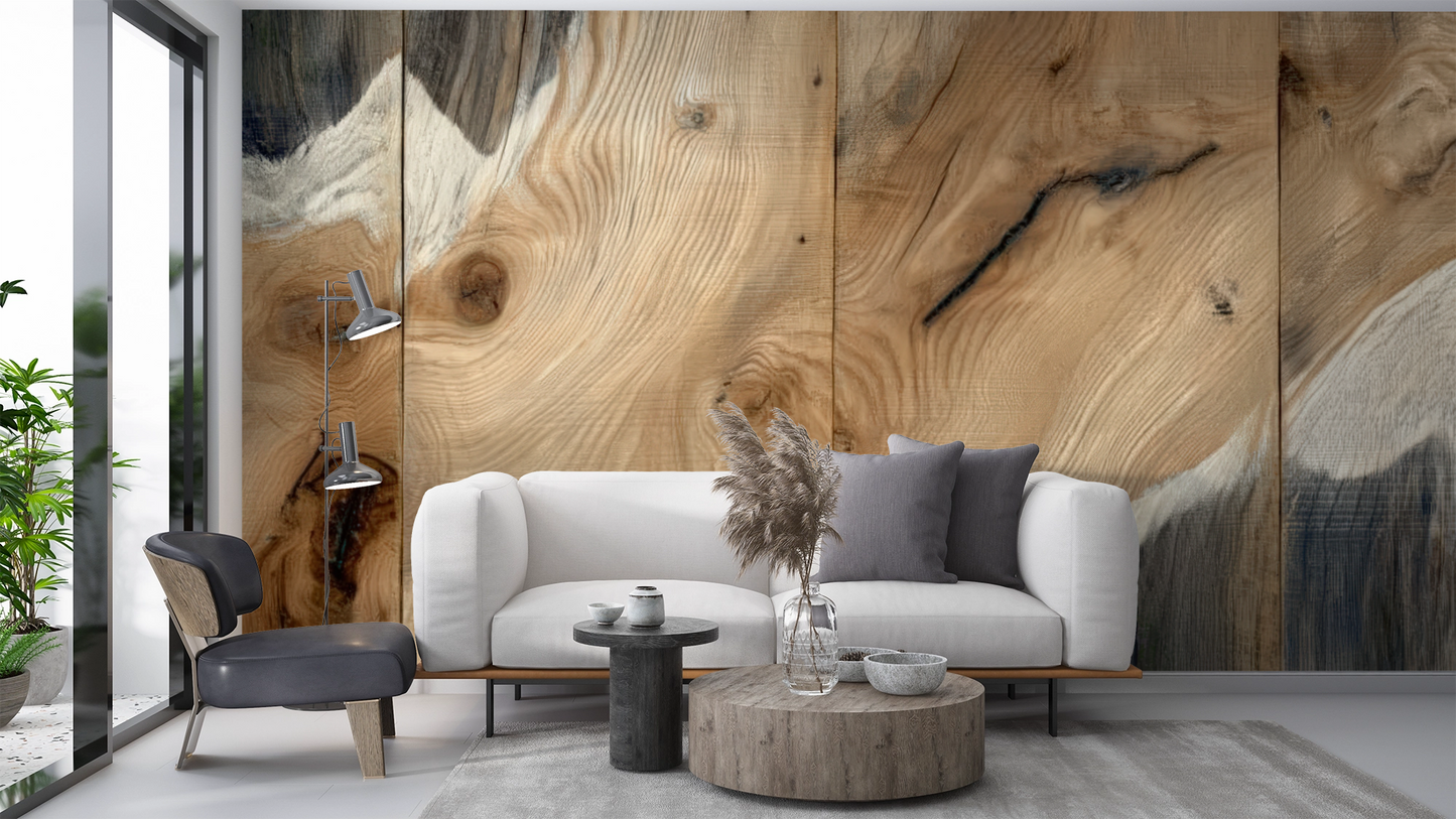 Detailansicht der Tapete „Scandi Wood“ mit realistischer Holzmaserung in natürlichen Beige- und Grautönen – skandinavischer Wohnstil