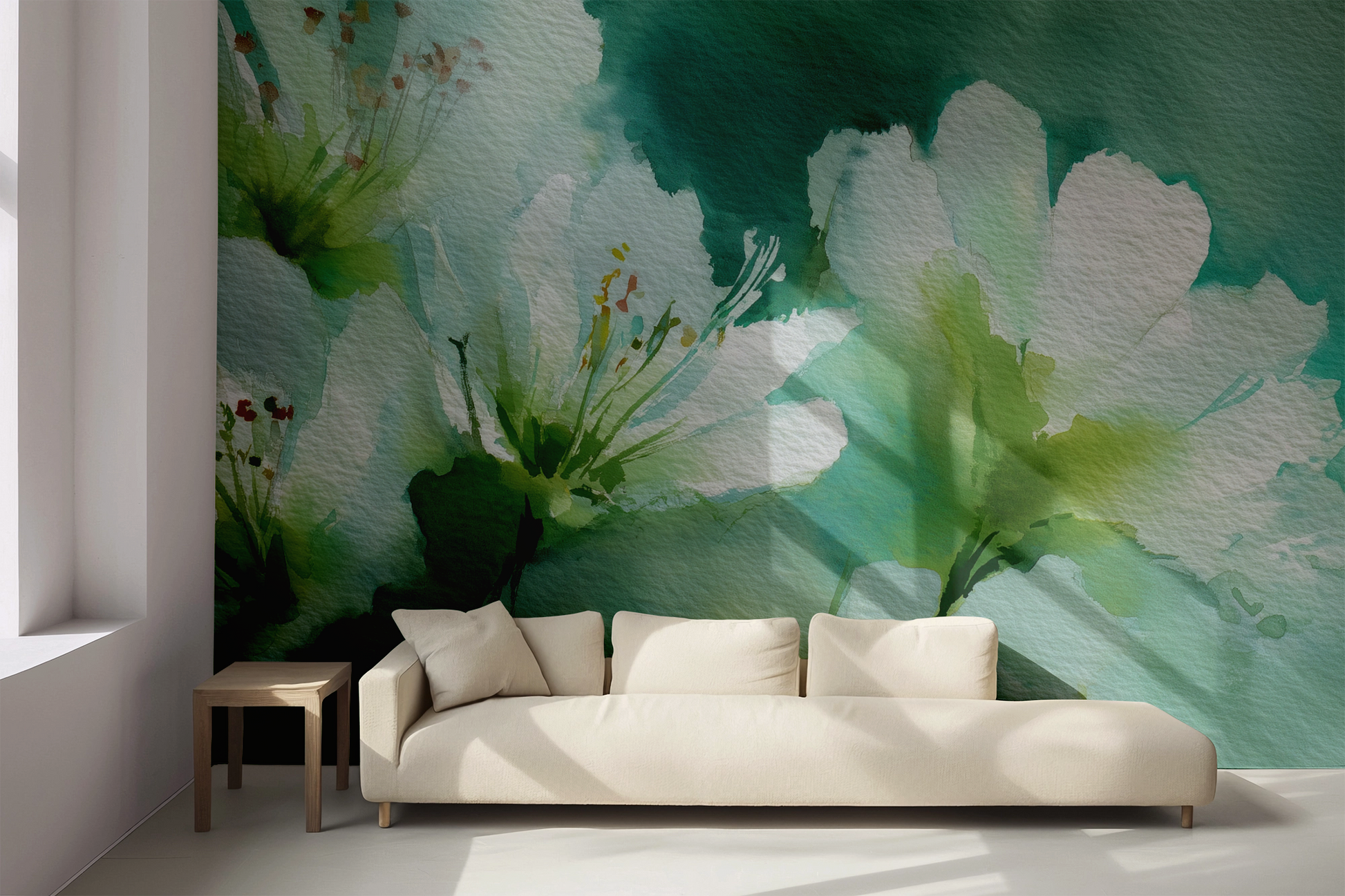 Aquarell-Blumentapete in Weiß und Grüntönen – selbstklebende Vliestapete, florales Wanddesign von Wall of Nova