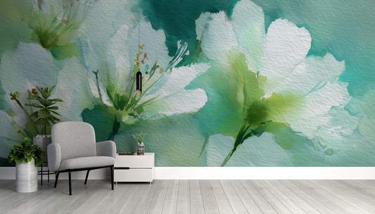 Aquarell-Blumentapete in Weiß und Grüntönen – selbstklebende Vliestapete, florales Wanddesign von Wall of Nova