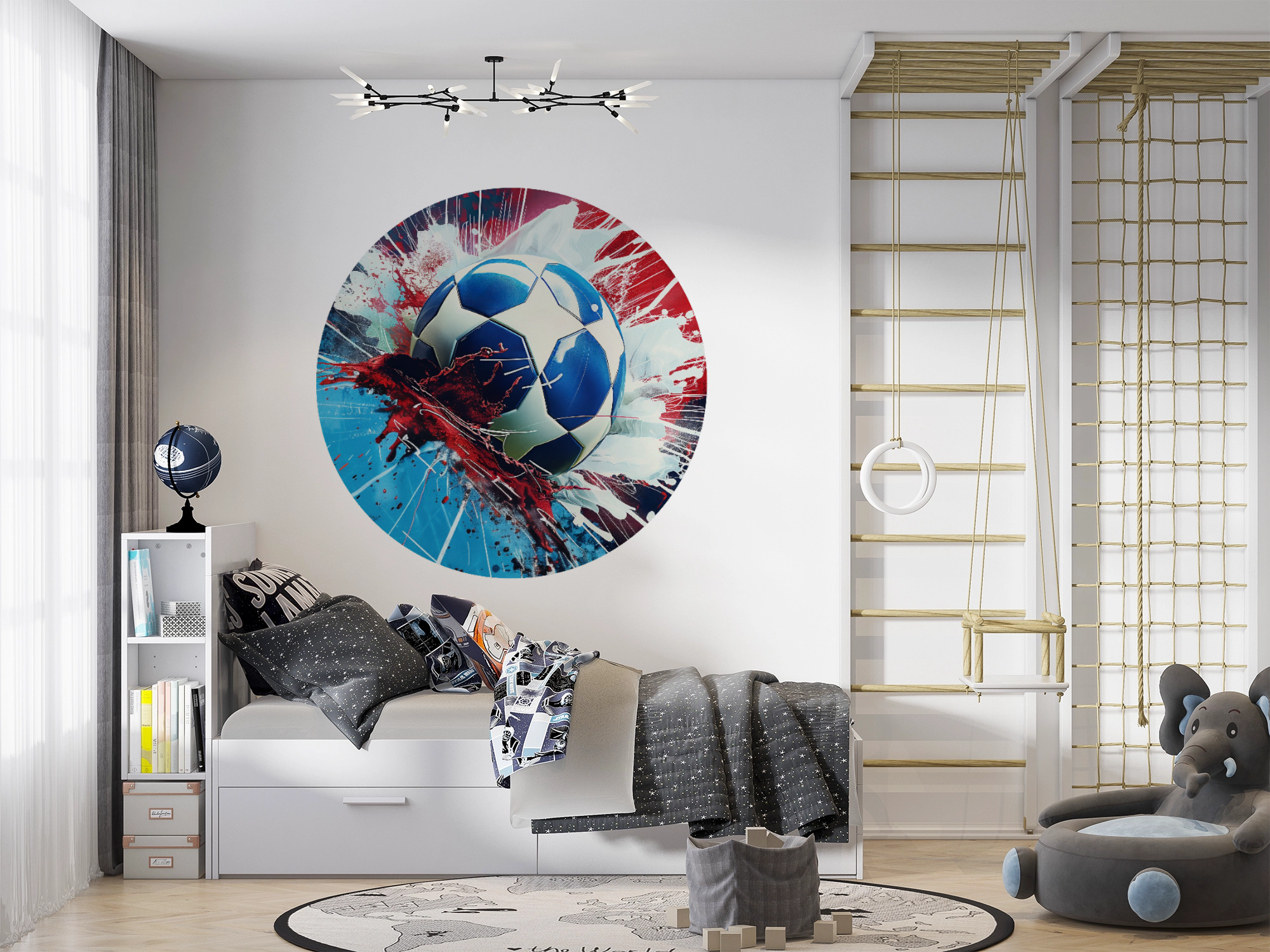 Illustration eines Fußballes mit Farbspritzern in Blau, Rot und Weiß – kraftvolles Wanddesign mit Bewegungseffekt