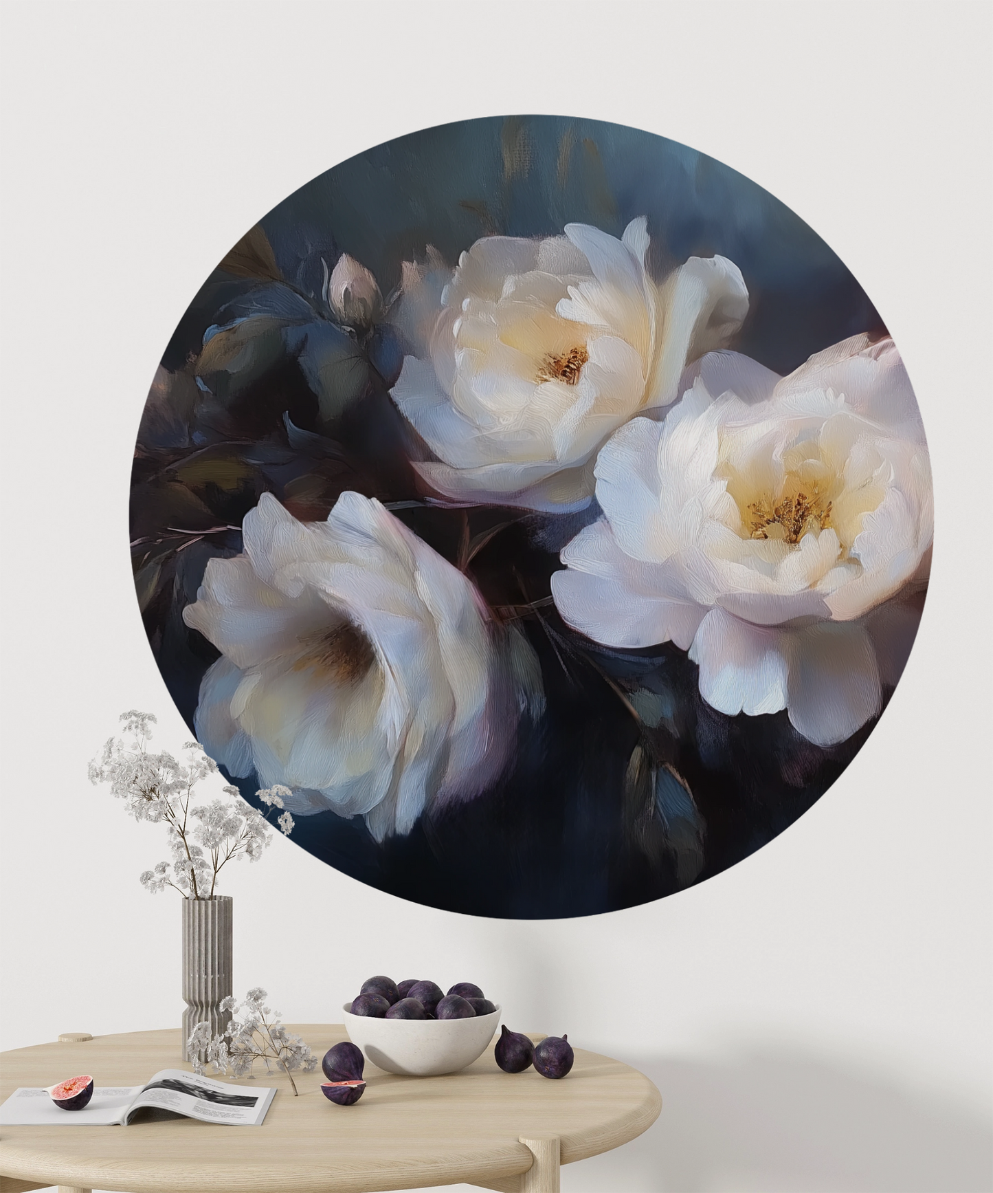 Mitternachtsblüte – Runder Wandsticker mit Rosenmotiv auf dunklem Grund