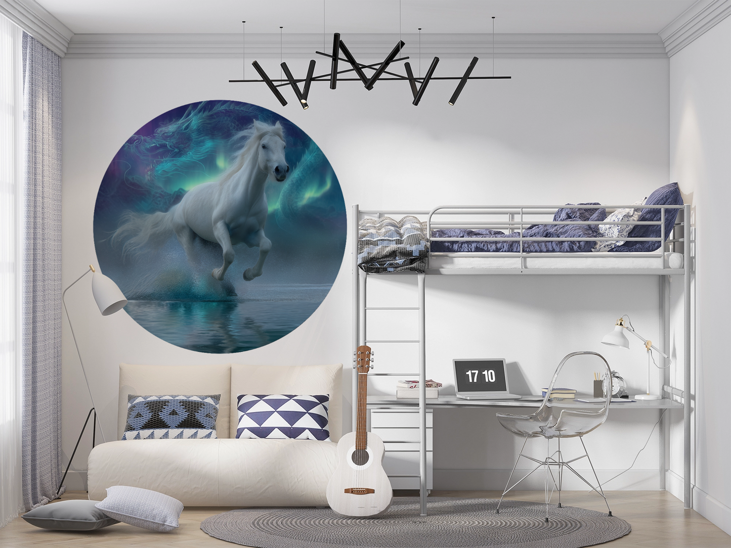 runder wandsticker pferd mit drache im fantasy design in blauen und grünen leuchttönen im kinderzimmer