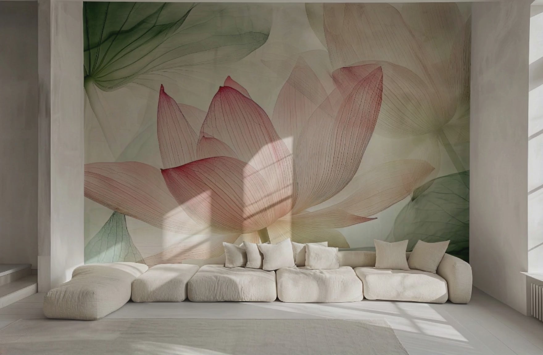 Lotusblüten-Tapete in Rosé und Grün – selbstklebende Vliestapete im Aquarellstil