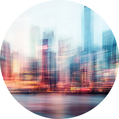 City Glow – Runder Wandsticker mit urbaner Skyline im Abendlicht