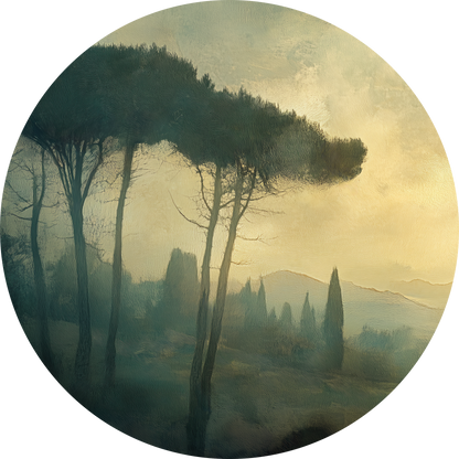 Toscana Nebeltraum – Runder Wandsticker mit nebelverhangener Landschaft