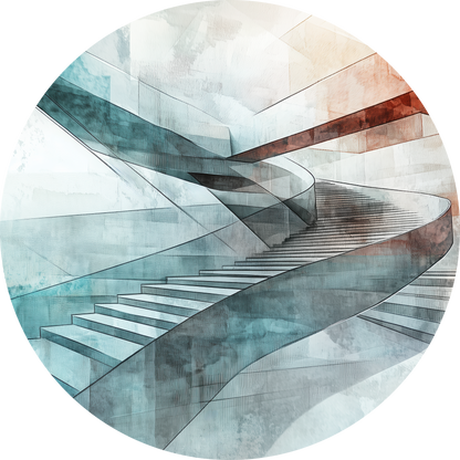 Steps of Abstraction – Dot mit abstrakter Treppenstruktur in Blau und Terrakotta