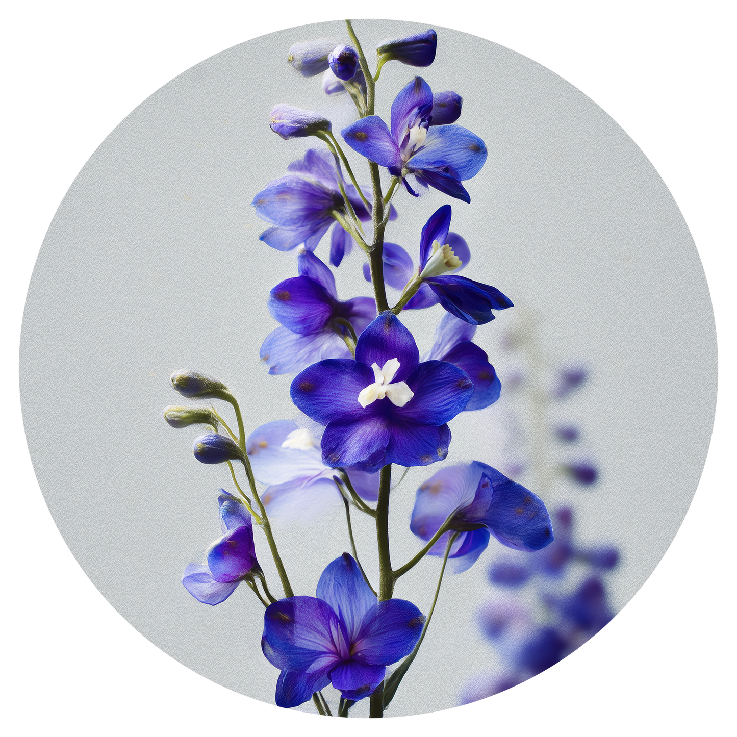 Runder Wandsticker mit blauer Delphinium-Blüte auf hellem Hintergrund, florales Motiv, selbstklebend