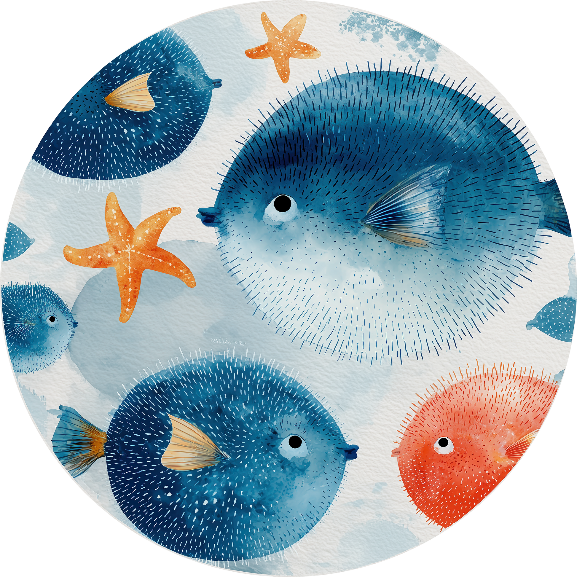 Runder selbstklebender Wandsticker mit illustrativen Kugelfischen 
