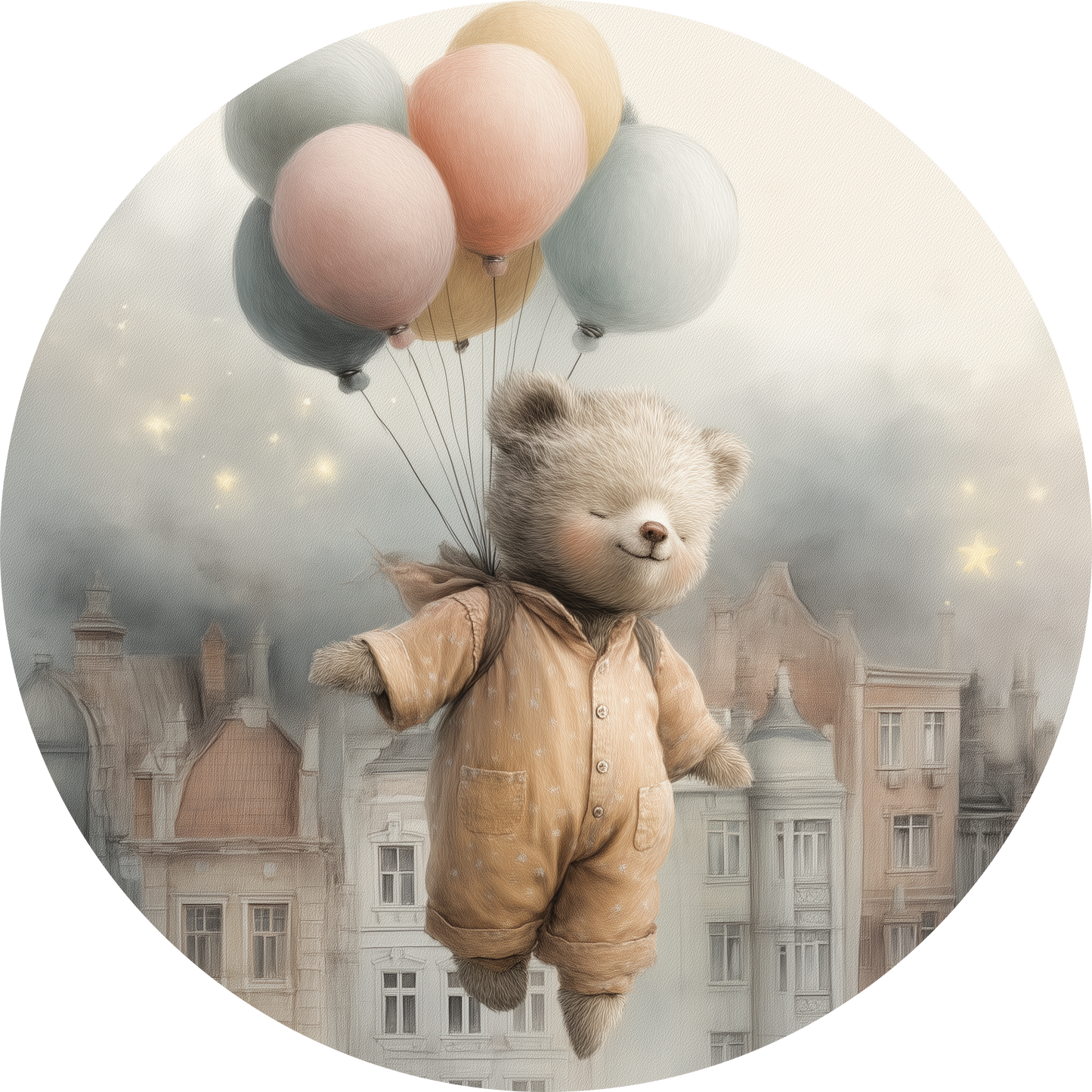 Wandsticker selbstklebend „Dot“ – Fliegender Teddybär mit Ballons im Kreisdesign | Wall of Nova