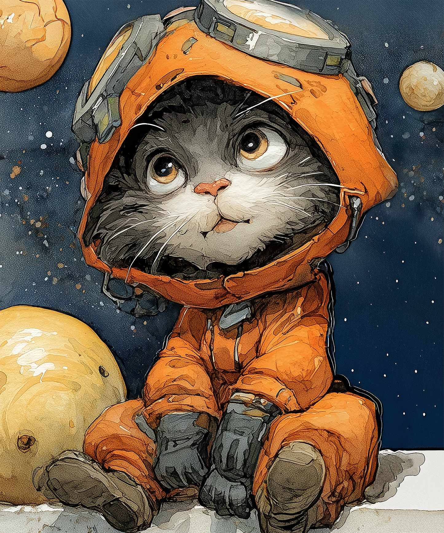 Runder Wandsticker (120x100 cm) mit verspieltem Astronauten-Katzen-Motiv im Weltall, gedruckt auf selbstklebendem Vlies.
