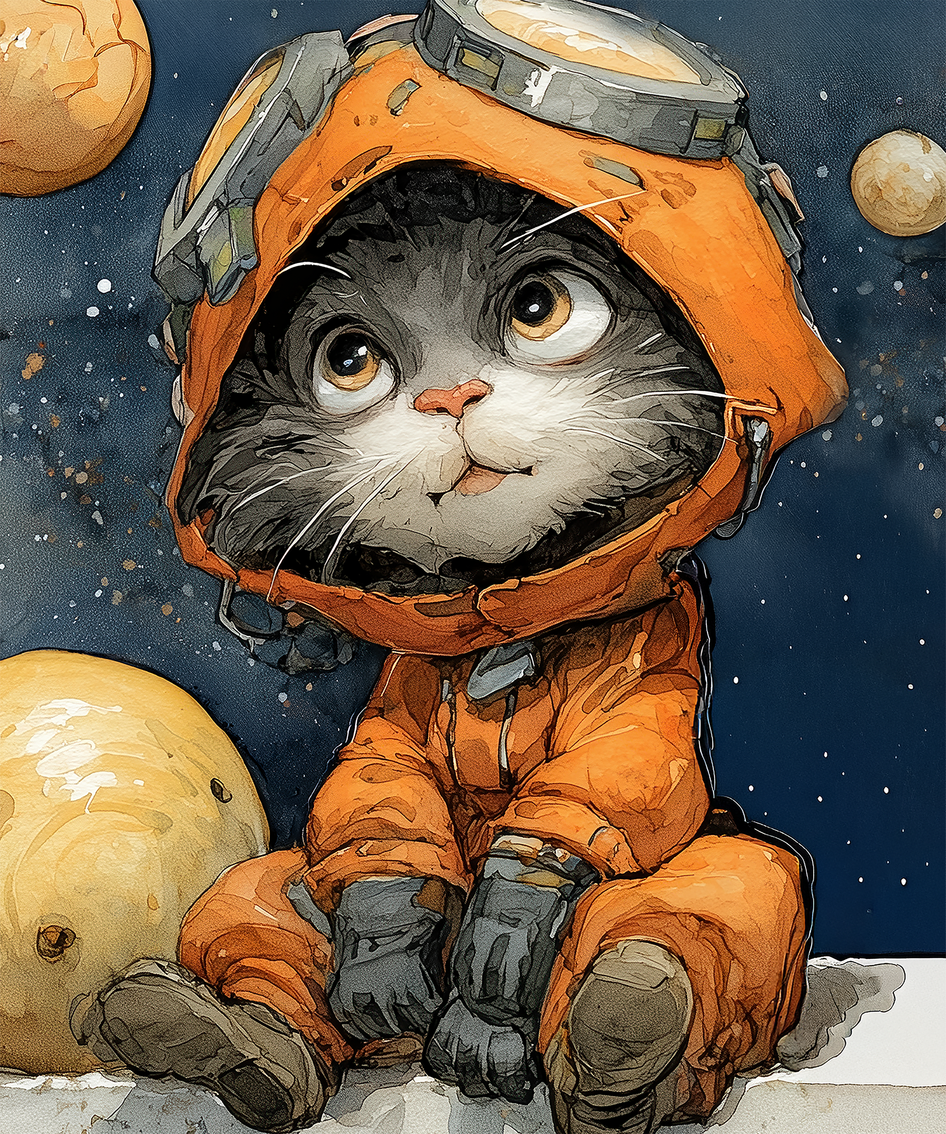 Runder Wandsticker (120x100 cm) mit verspieltem Astronauten-Katzen-Motiv im Weltall, gedruckt auf selbstklebendem Vlies.
