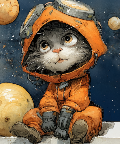 Runder Wandsticker (120x100 cm) mit verspieltem Astronauten-Katzen-Motiv im Weltall, gedruckt auf selbstklebendem Vlies.