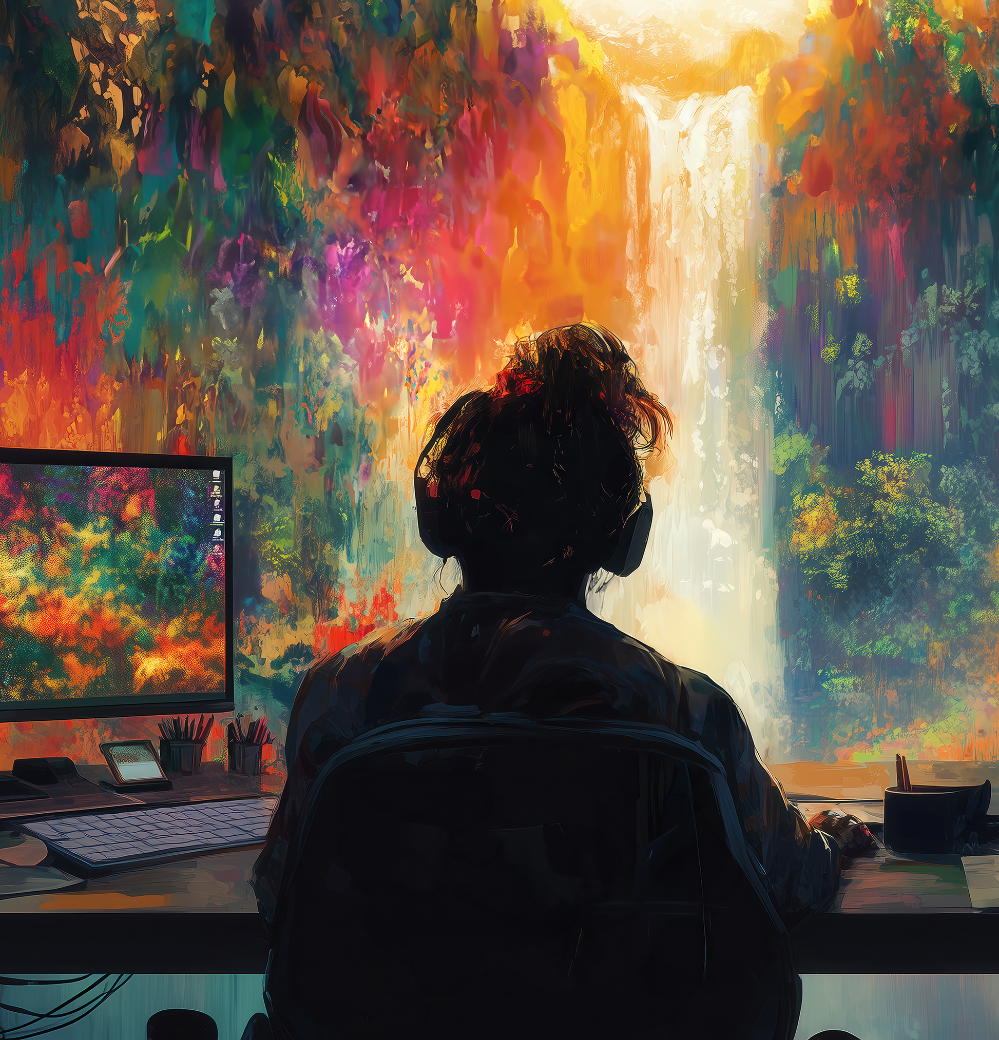 Person am Schreibtisch mit Headset vor farbenfrohem Wasserfall – digitale Kunsttapete
