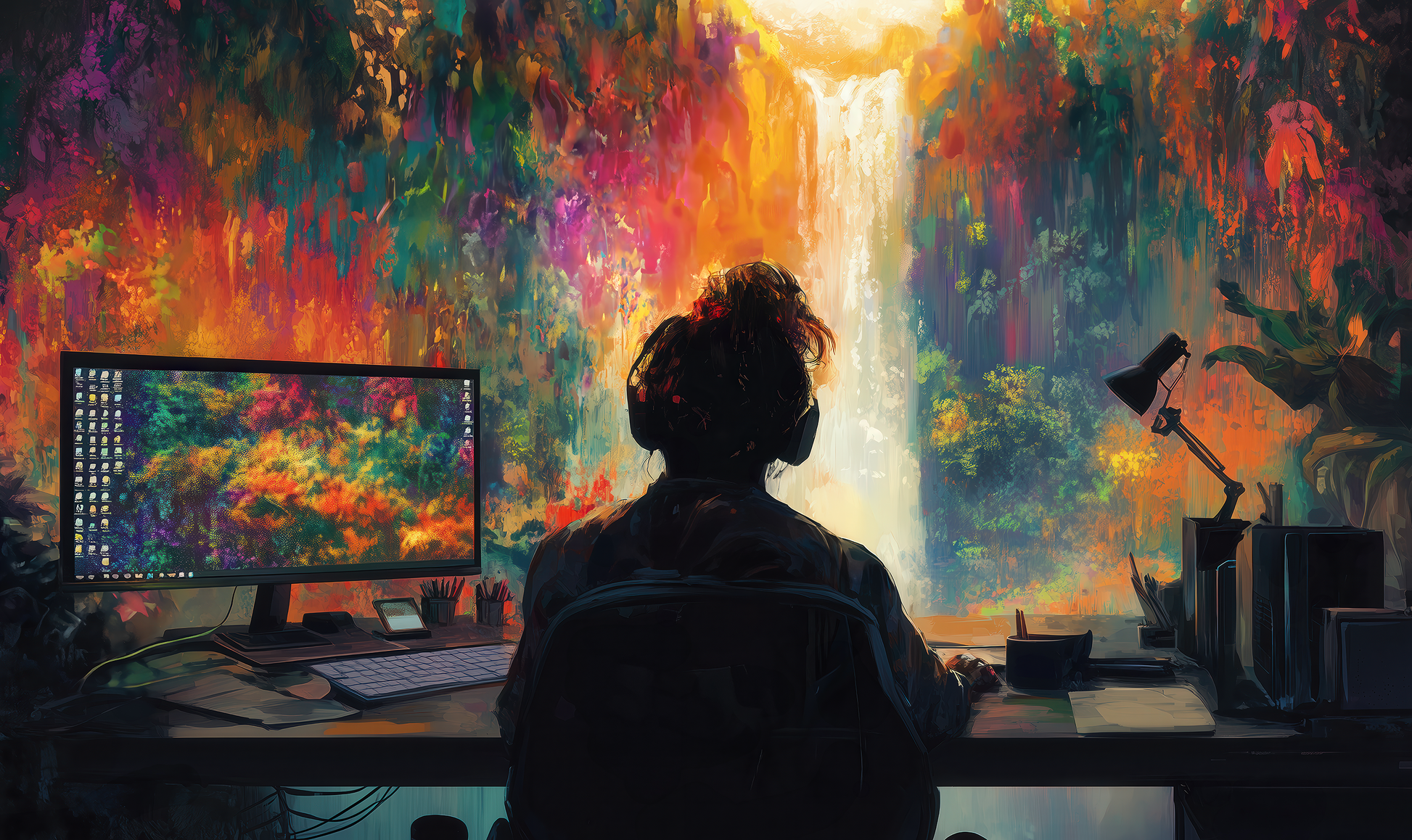 Person am Schreibtisch mit Headset vor farbenfrohem Wasserfall – digitale Kunsttapete
